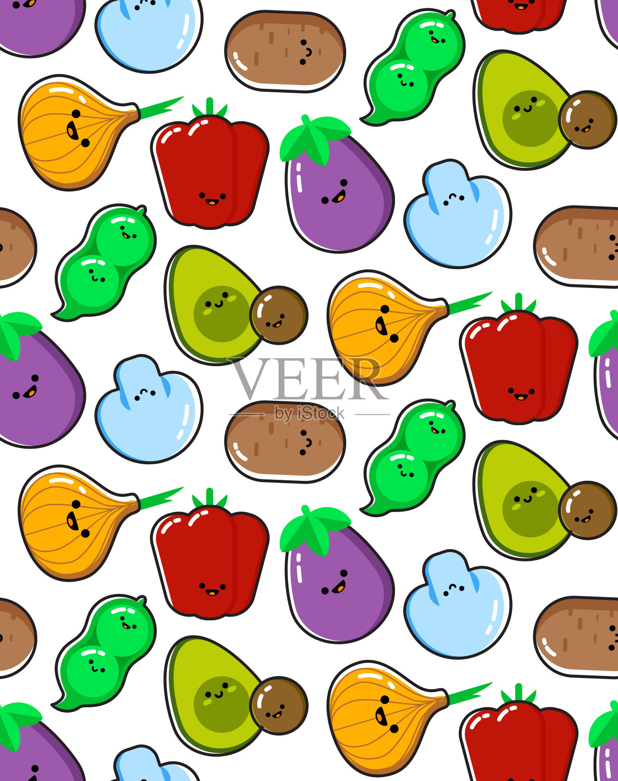 无缝矢量背景与不同的蔬菜。素食彩色纹理。插画图片素材