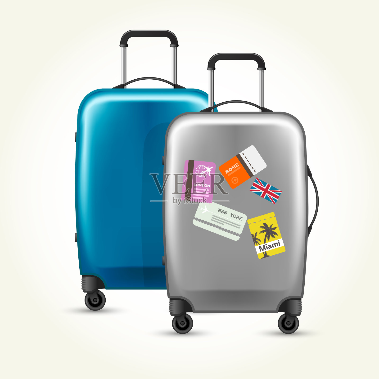 带有白色行李旅行标签的带轮子的塑料行李箱设计元素图片