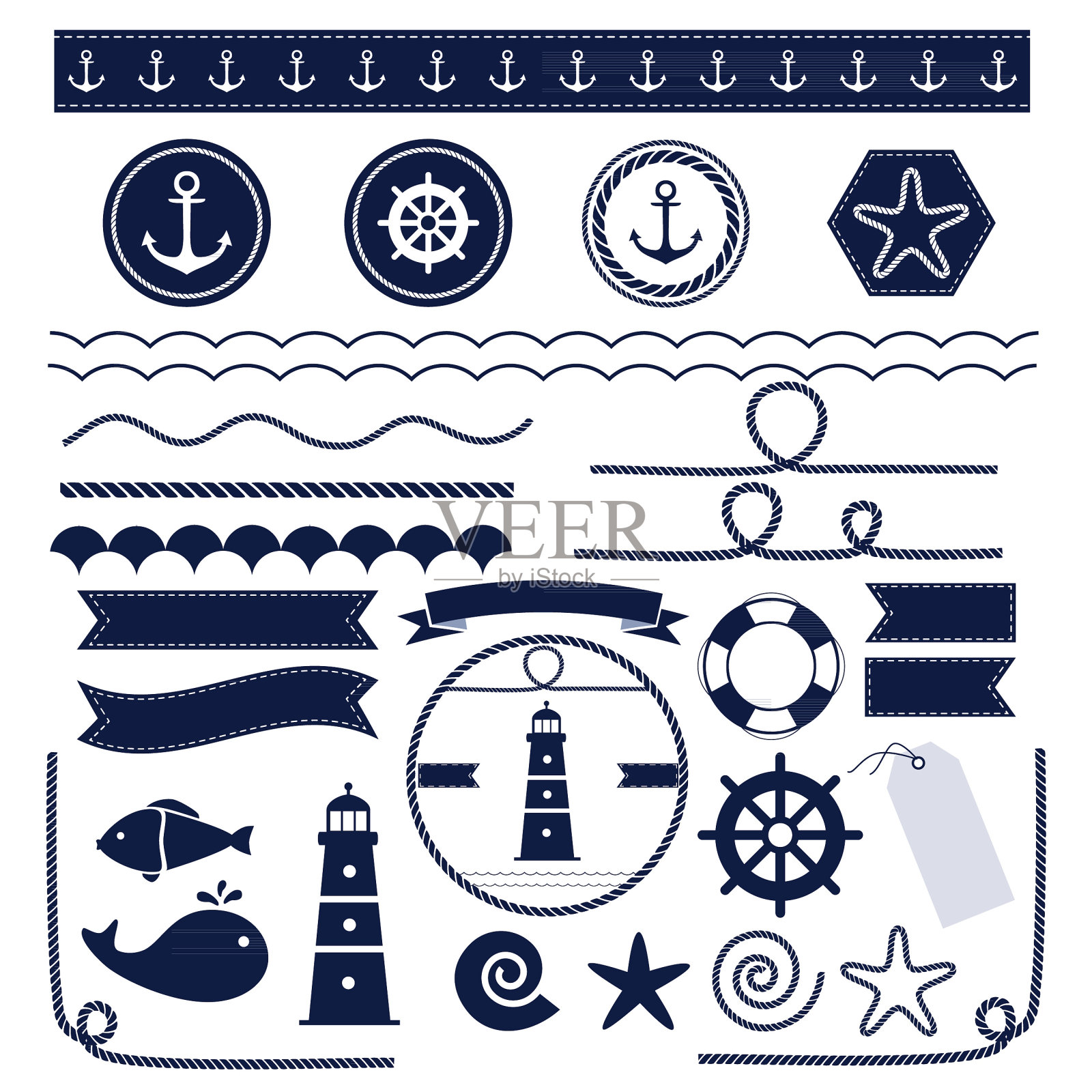 海洋和航海元素的集合插画图片素材