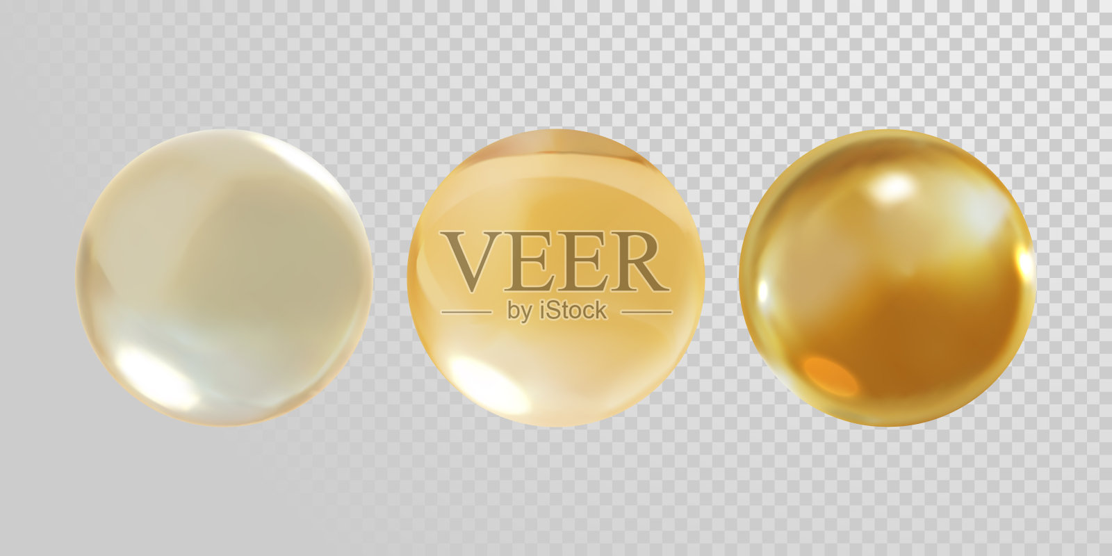 金色玻璃球孤立在透明的背景。3D逼真向量金油维生素E丸胶囊水晶玻璃球纹理插画图片素材