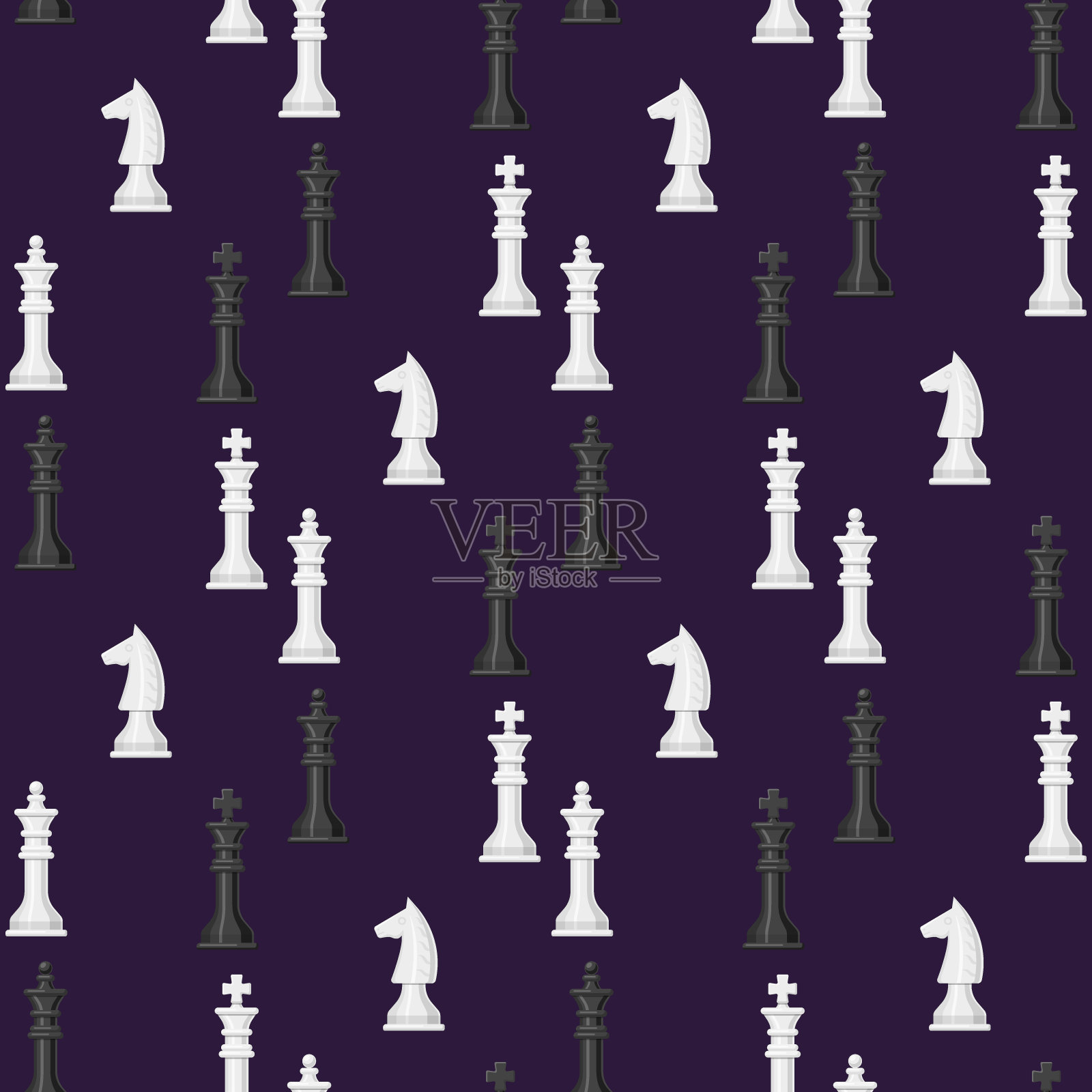 棋盘无缝图案背景象棋休闲概念骑士群黑白棋子竞争矢量插图插画图片素材