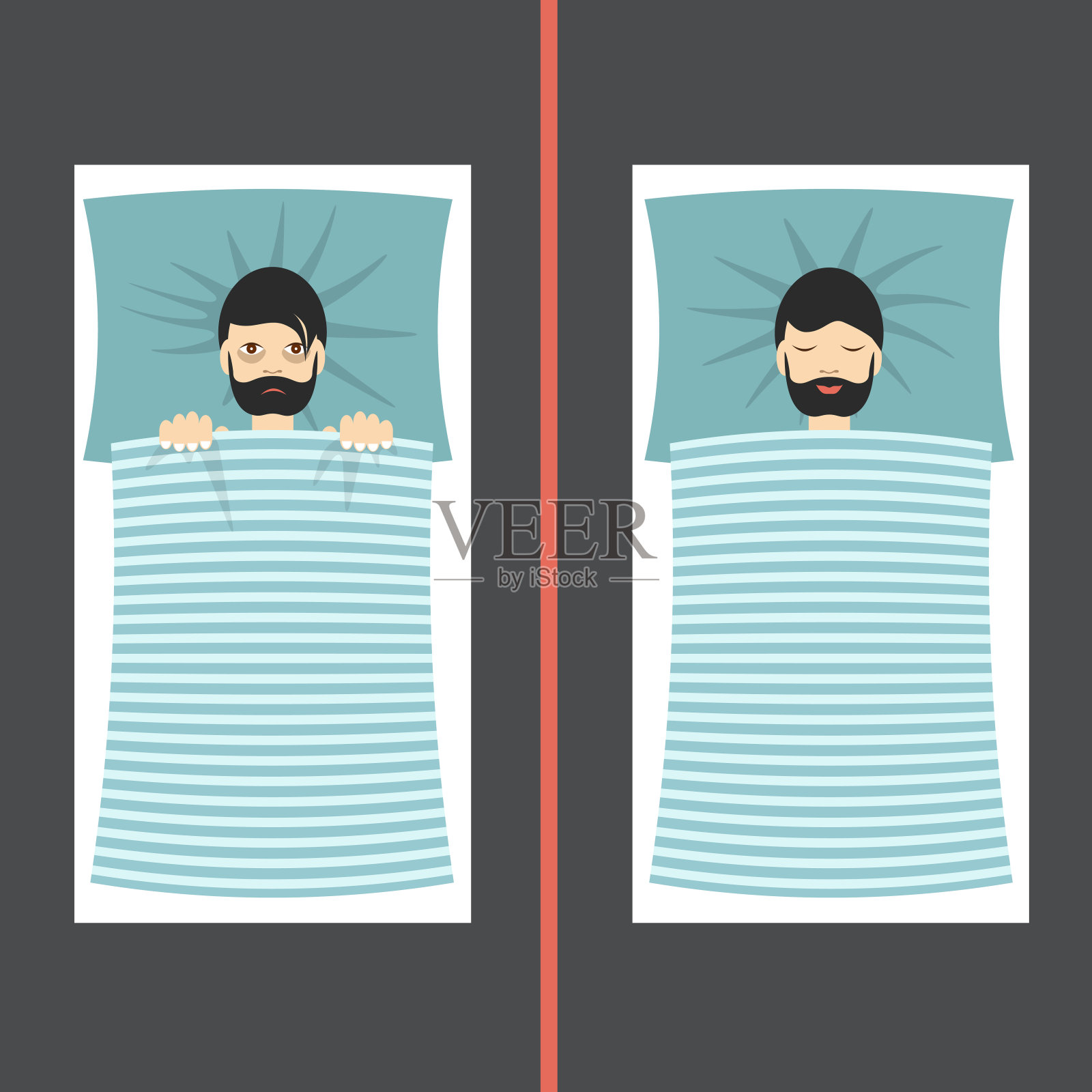 有睡眠问题和失眠症状的人与睡眠良好的人相比插画图片素材