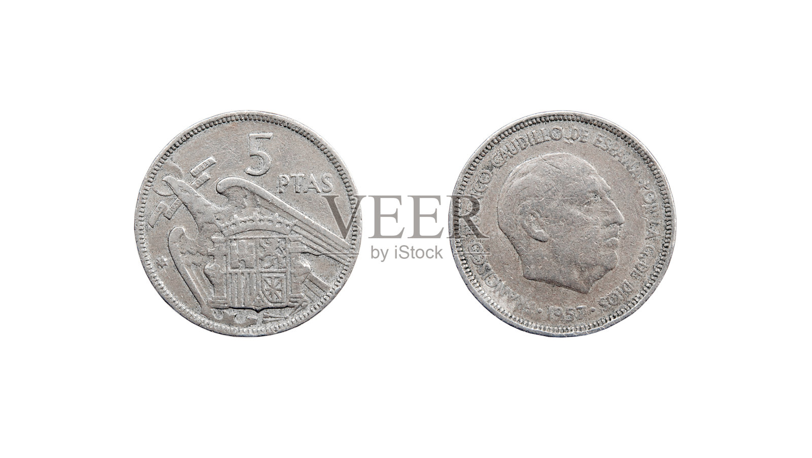 硬币5币。1957年西班牙。照片摄影图片