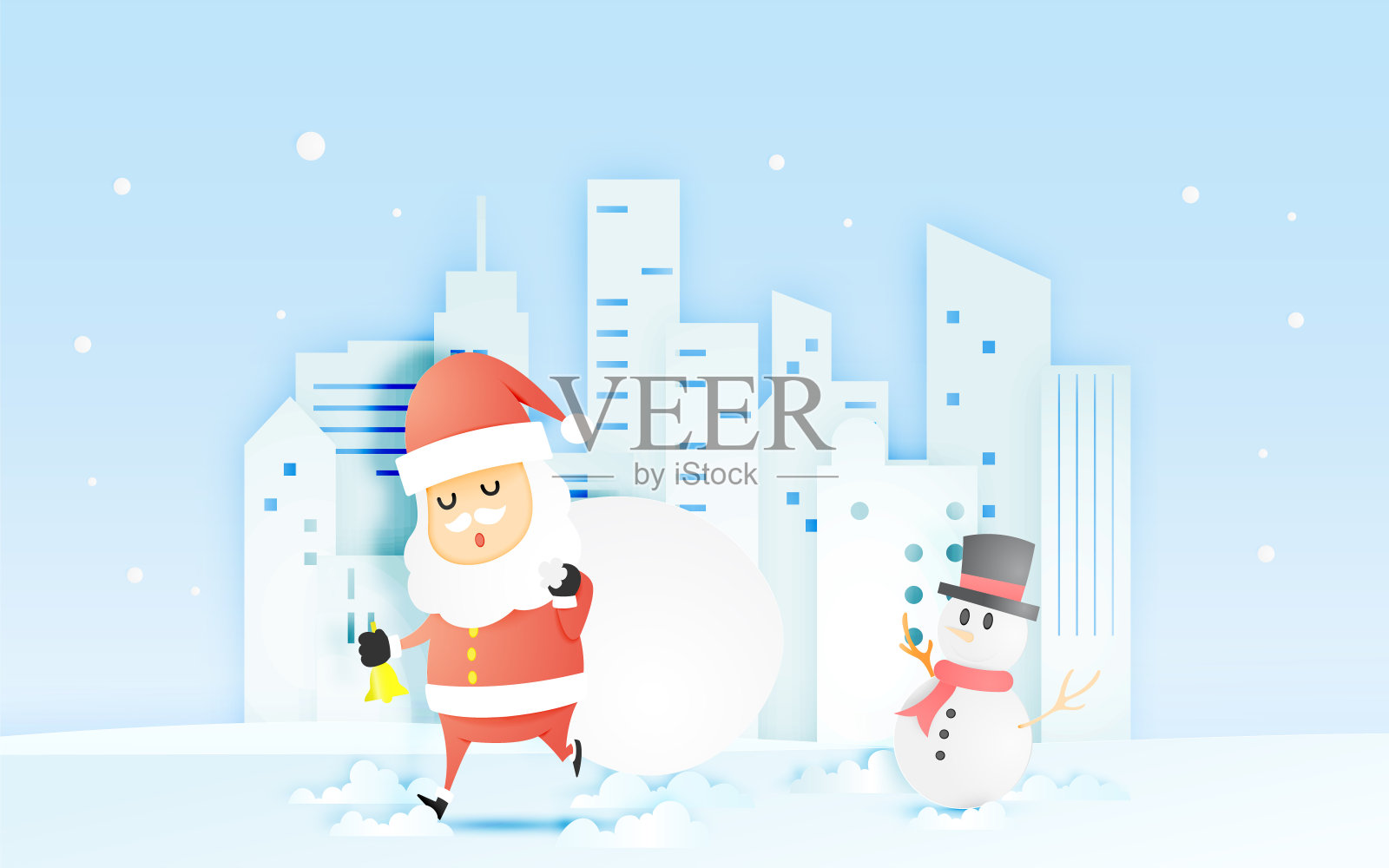 圣诞老人、雪人在纸艺术风格与令人惊叹的景观雪和雪花背景插画图片素材
