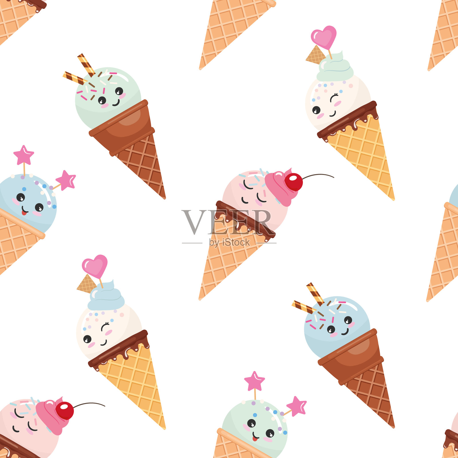 卡哇伊冰淇淋甜筒无缝图案背景。柔和的颜色。孤立在白色的。插画图片素材
