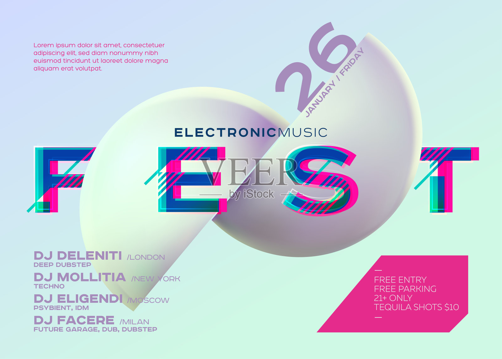 矢量最小DJ海报。电子音乐封面为音乐节或俱乐部派对传单。充满活力的背景与未来的3D形状。创造性的极简主义的模板。水平方向。霓虹灯的颜色。设计模板素材