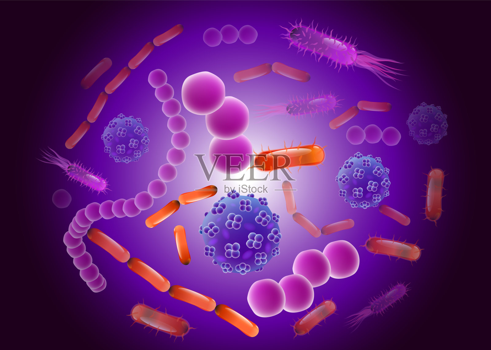 病毒、细菌细胞癌设置背景汤模式。微生物学科学。不同的细菌类型。插画图片素材