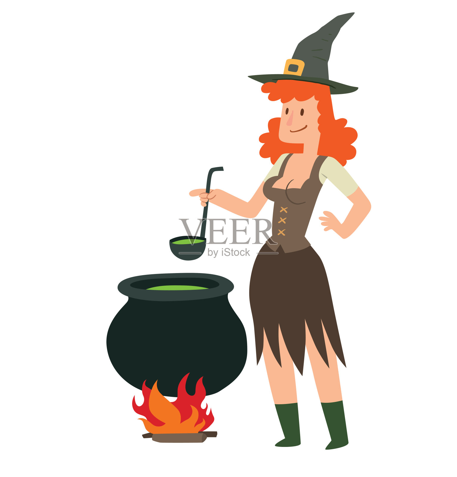 拿着黑色大锅的滑稽女巫插画图片素材