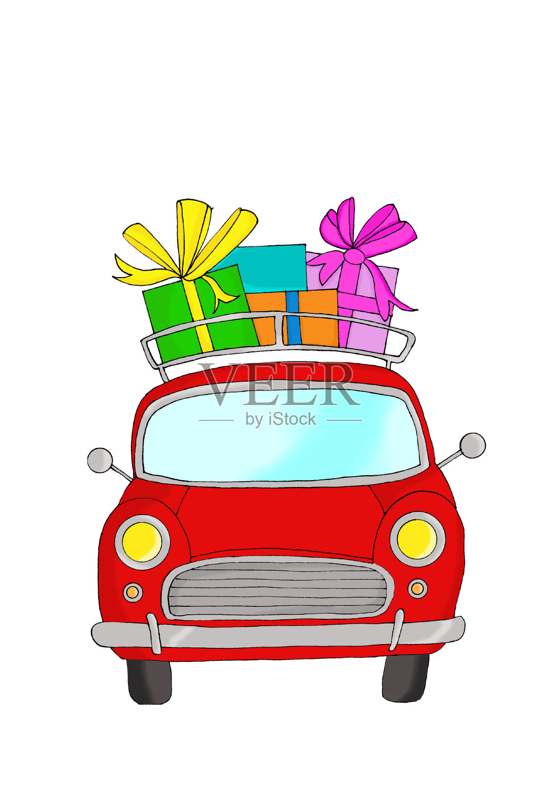 红色的车和礼物插画图片素材