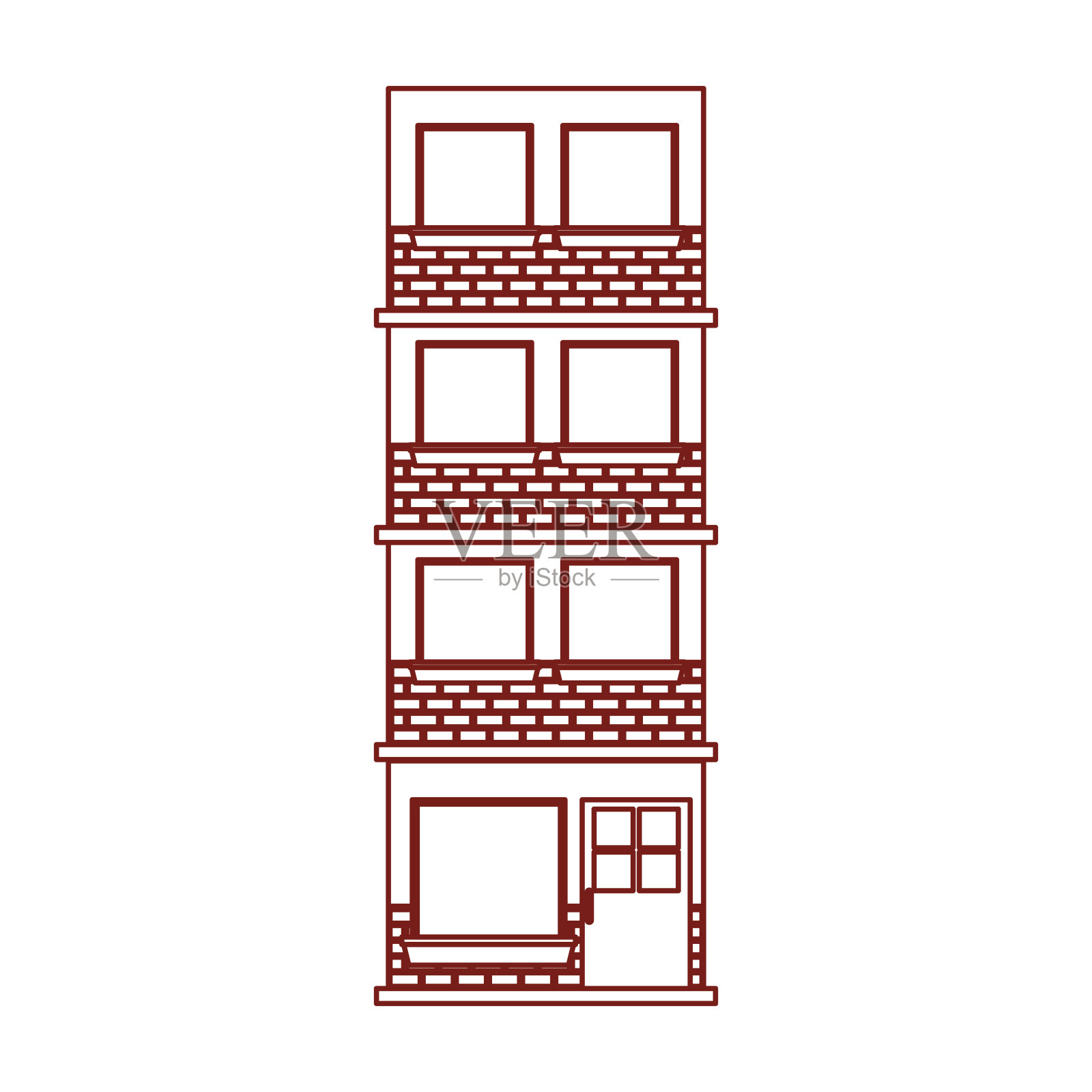 建筑立面四层，深红色轮廓插画图片素材