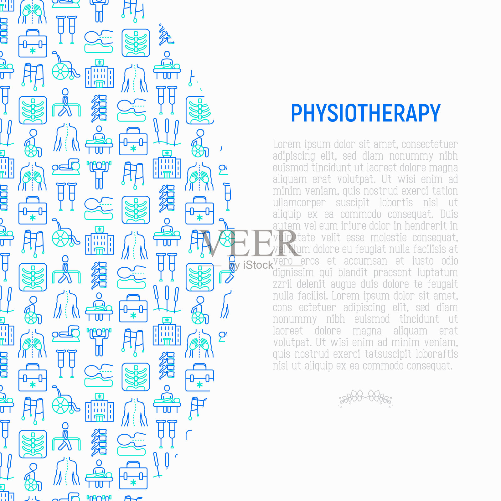 理疗概念与细线图标:康复、理疗、针灸、按摩、体操、卡丁车、椎骨;x光片，外伤，拐杖，轮椅。矢量插图。插画图片素材