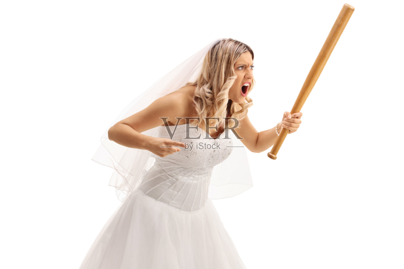 愤怒的新娘拿着棒球棒照片摄影图片