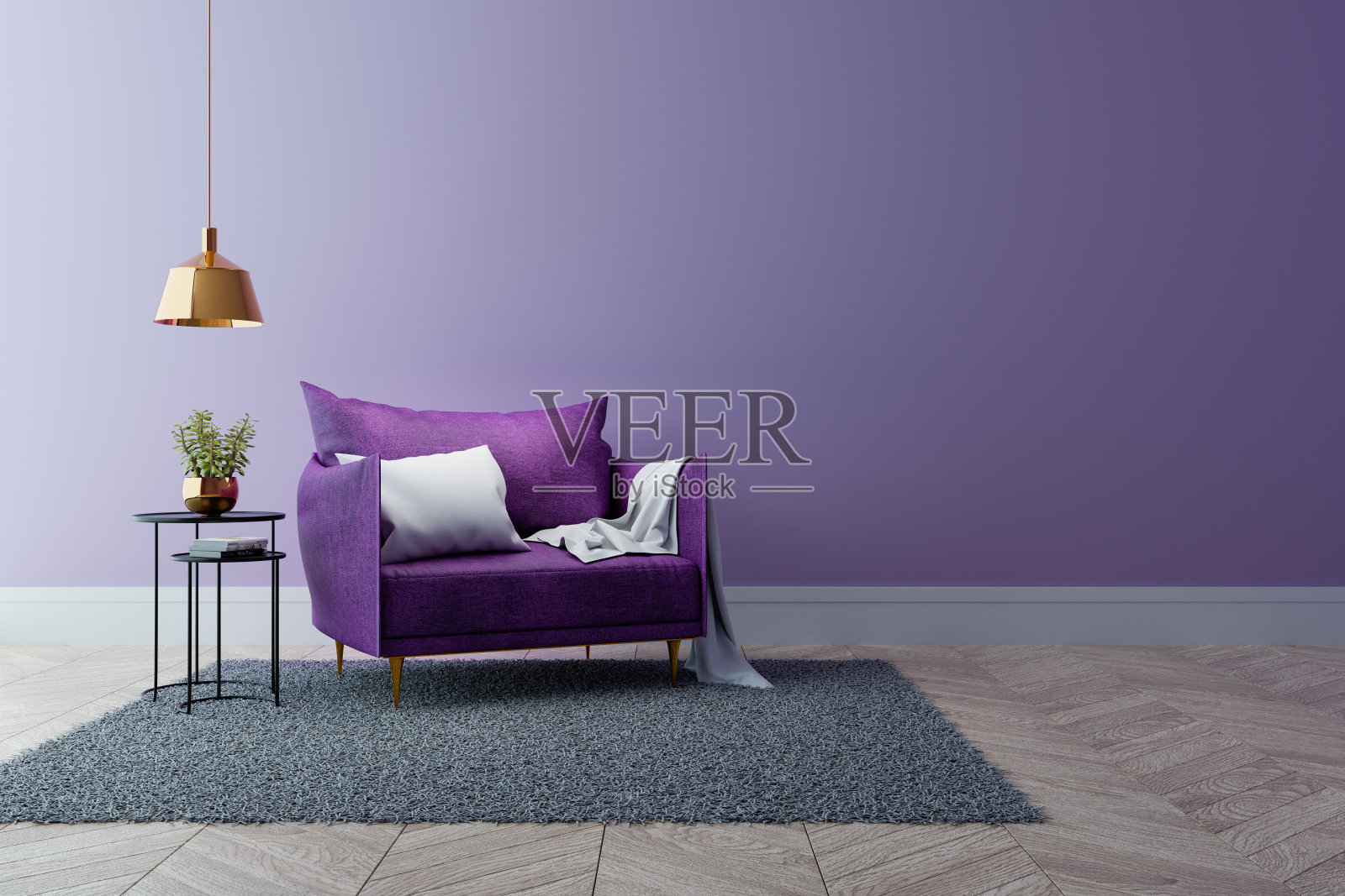 豪华现代的客厅内饰，紫外光家居装饰概念，紫色沙发和黑色桌子与金灯浅紫色墙壁和木地板，3d渲染照片摄影图片
