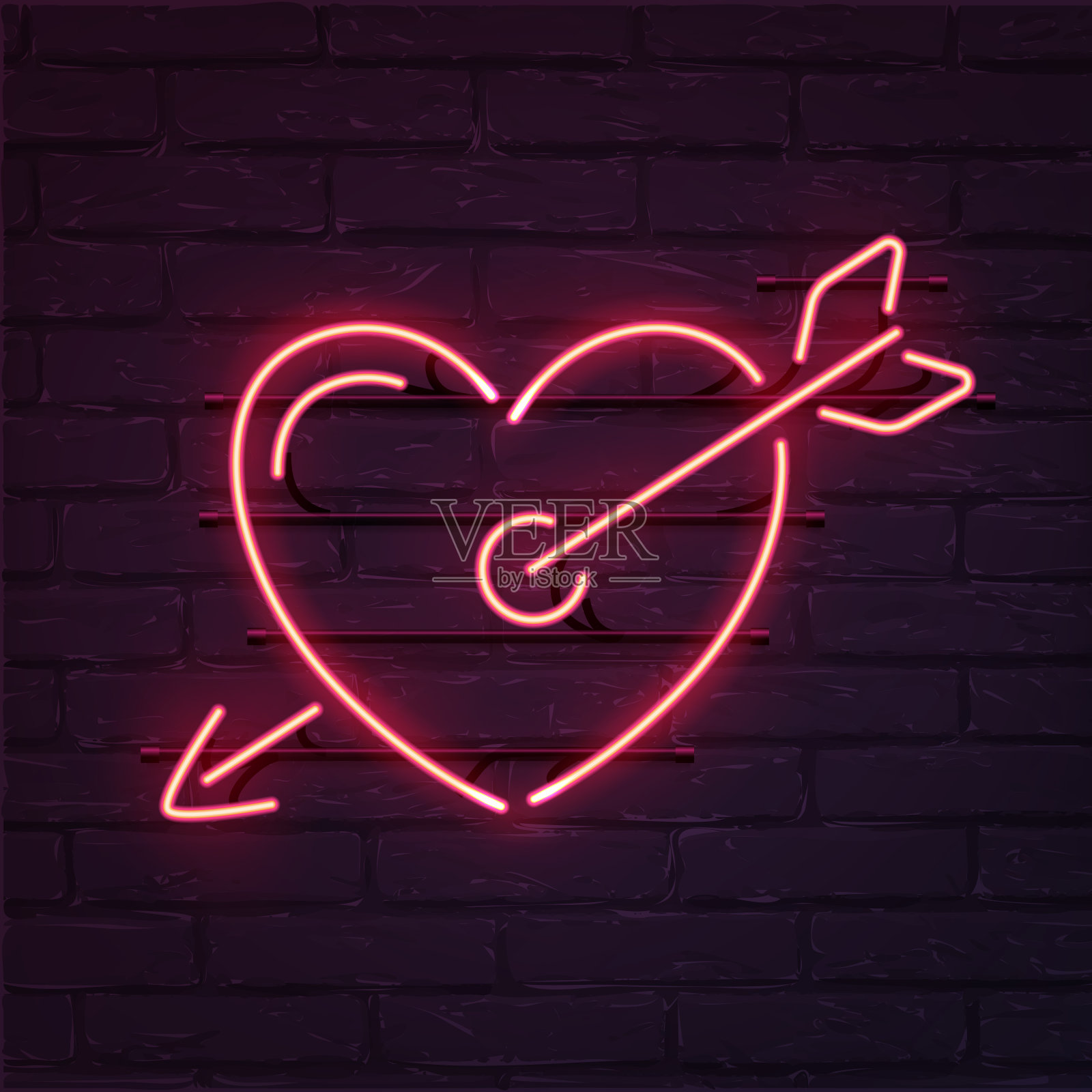 粉红色的心与箭头氖气标志。矢量现实霓虹心与箭头在砖墙。插画图片素材