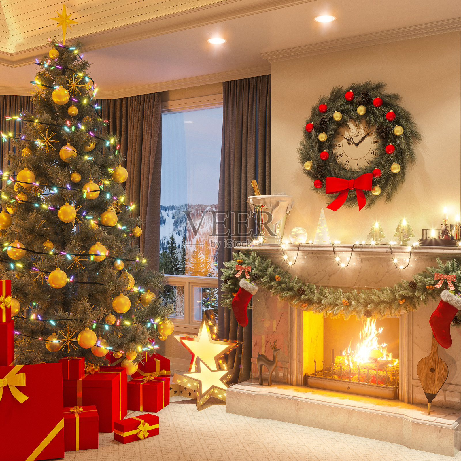 圣诞室内的3d插图与壁炉和礼物。明信片或海报上的图像室内设计采用古典建筑风格。圣诞快乐，2018年新年快乐照片摄影图片