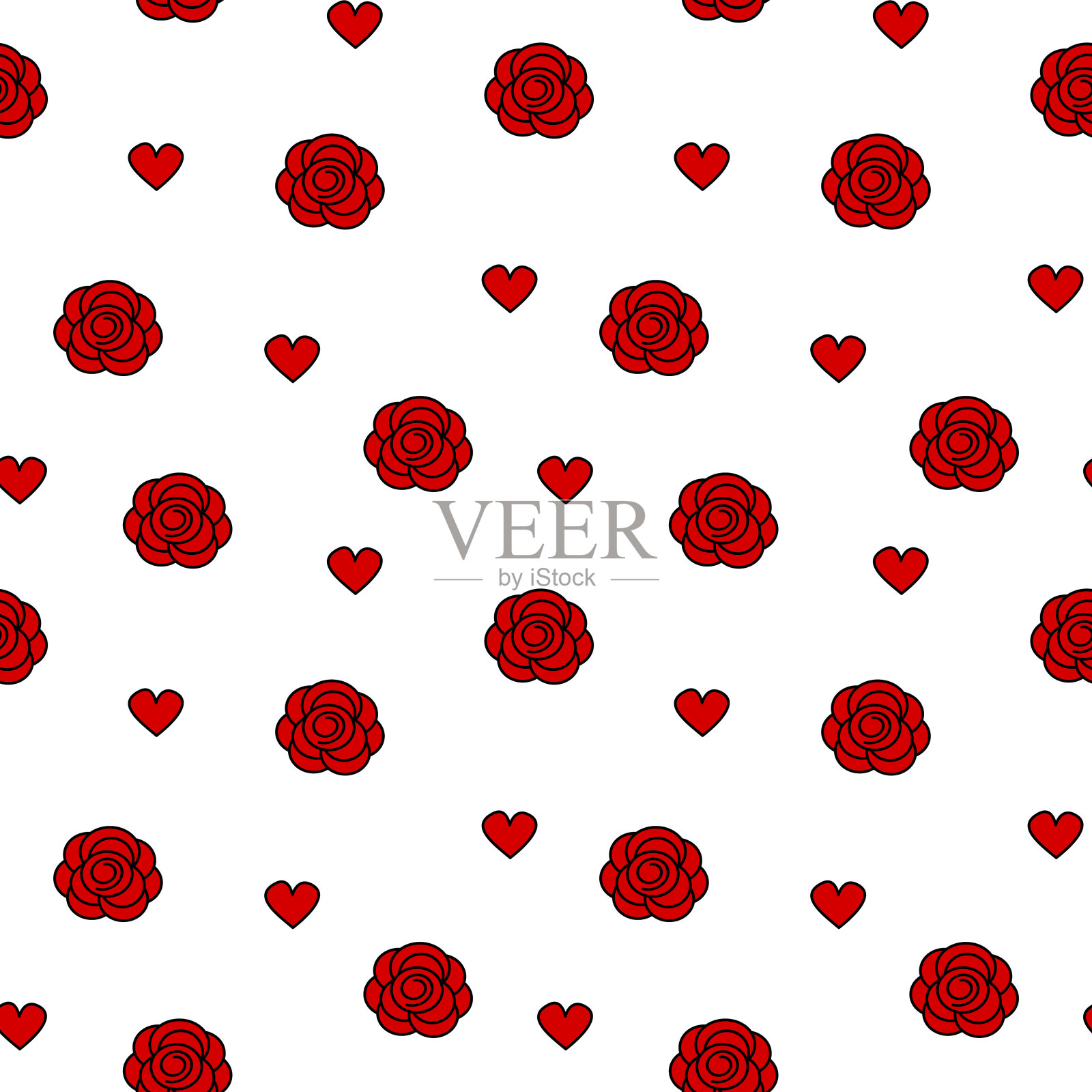 可爱可爱的无缝矢量图案背景插图与红玫瑰和心插画图片素材