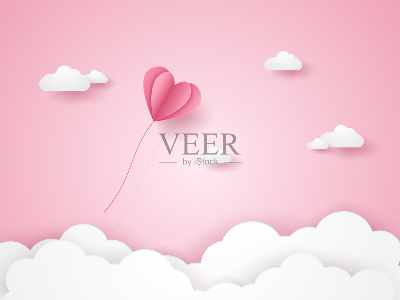 情人节，描绘爱情，粉红色的心形气球在粉红色的天空中飞翔，纸艺术风格插画图片素材