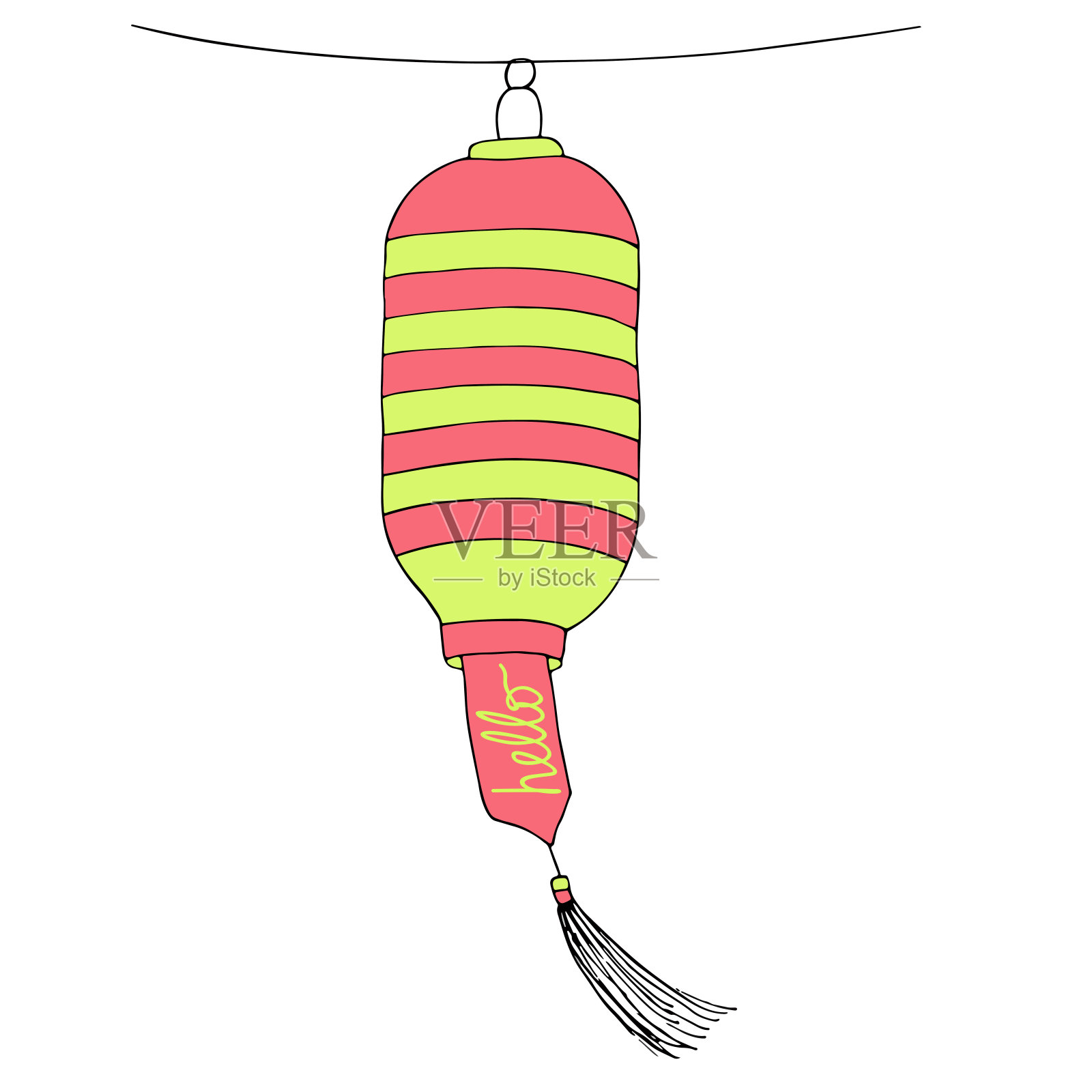 用绳子挂着“你好”标志的装饰灯笼。受欢迎的追梦人。矢量手绘草图插画图片素材