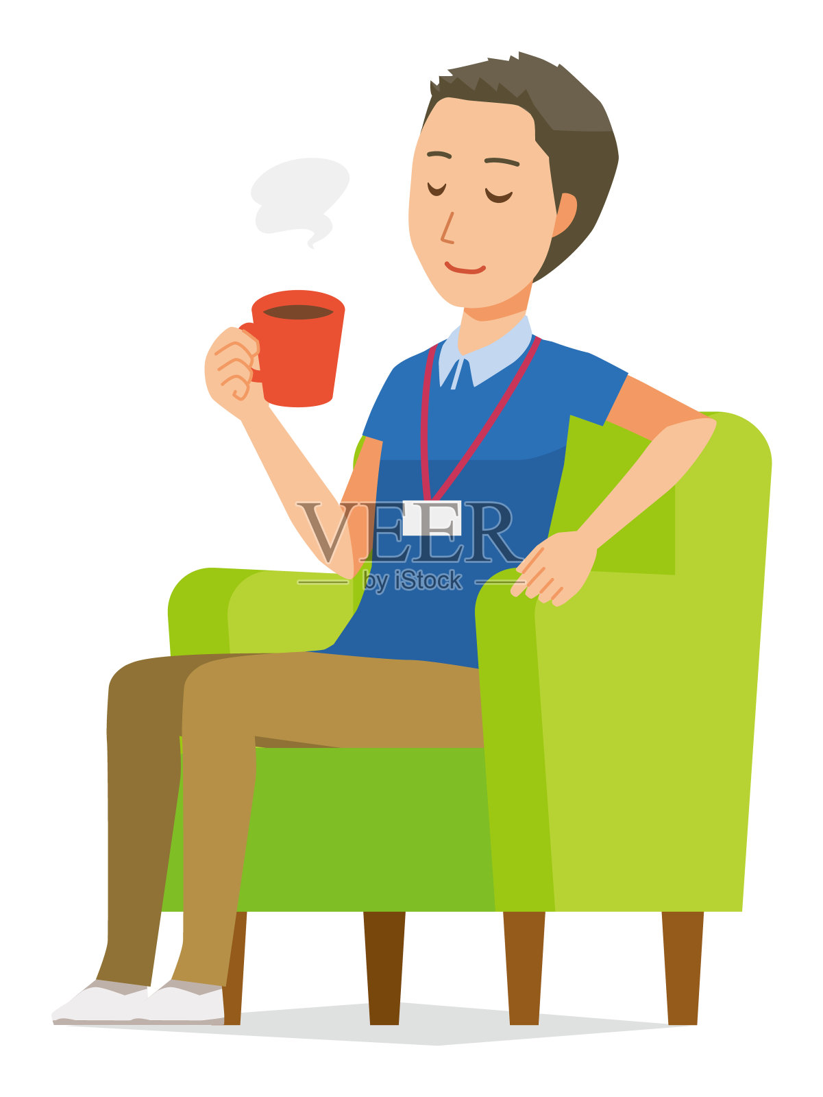 一位佩戴名牌的男员工正坐在沙发上喝咖啡插画图片素材