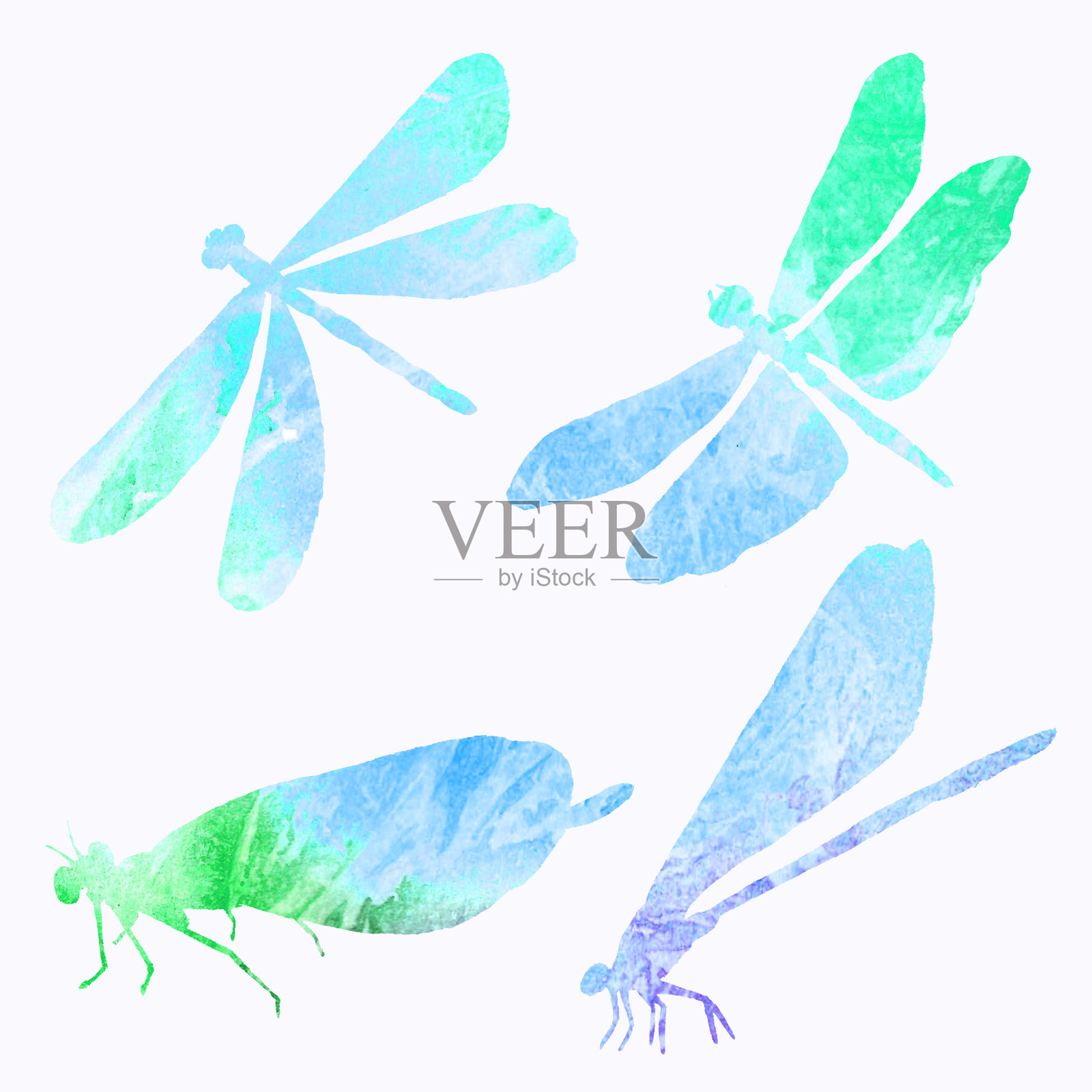 水彩画中一只蓝色蜻蜓剪影的抽象集合。插画图片素材