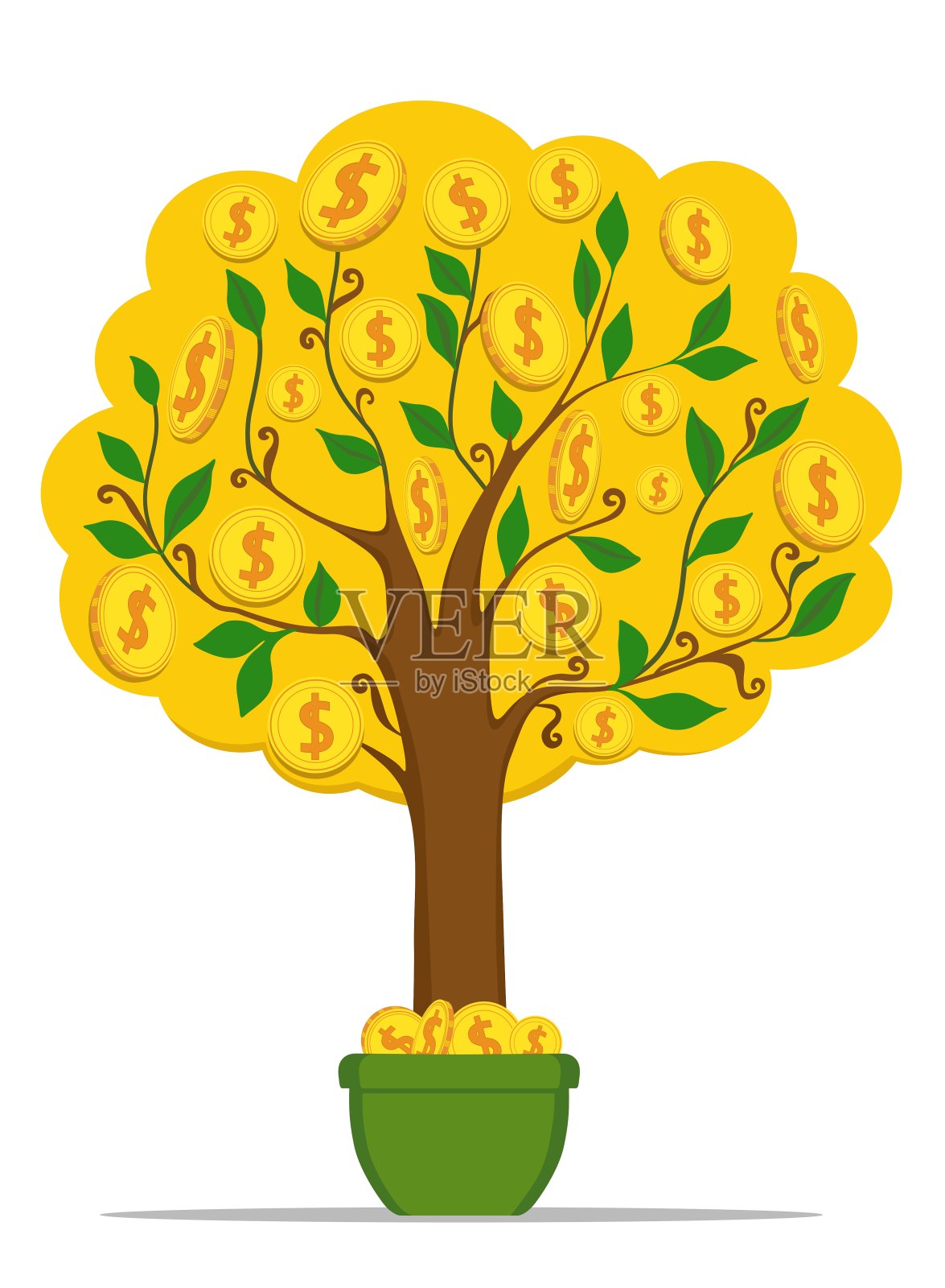 钱树上有金币和美元。矢量插图。插画图片素材