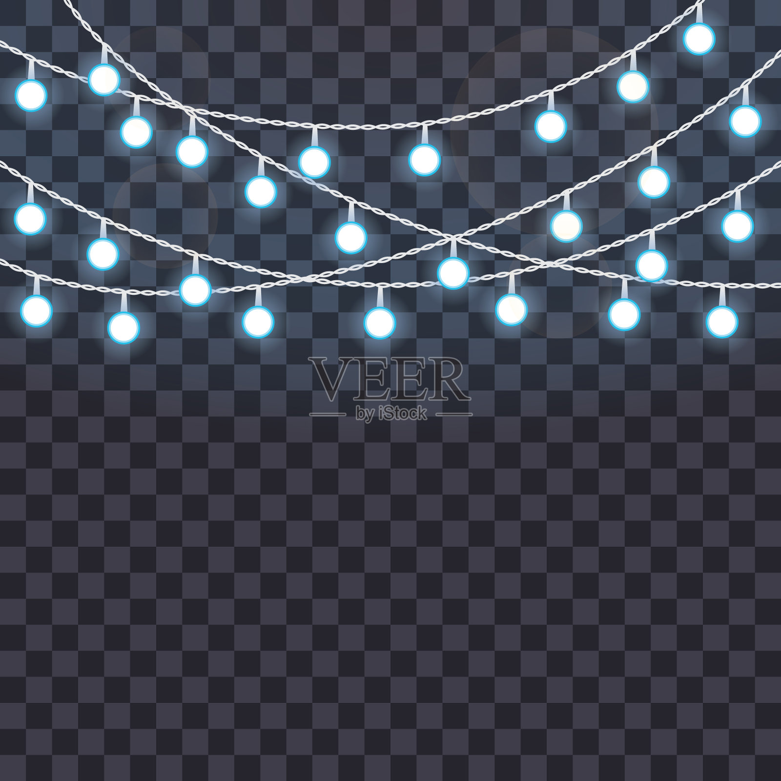 一组重叠的，发光的串灯在一个透明的背景上。矢量图插画图片素材