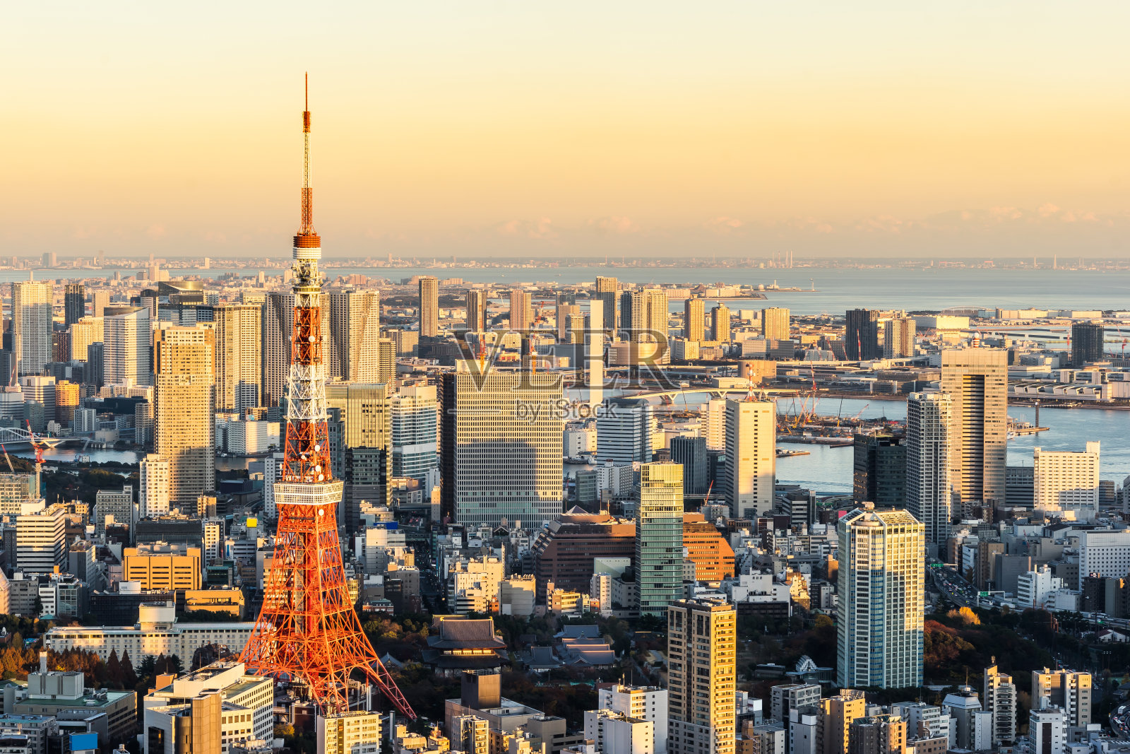 全景现代城市天际线鸟瞰东京塔和台场在金色的阳光下照片摄影图片