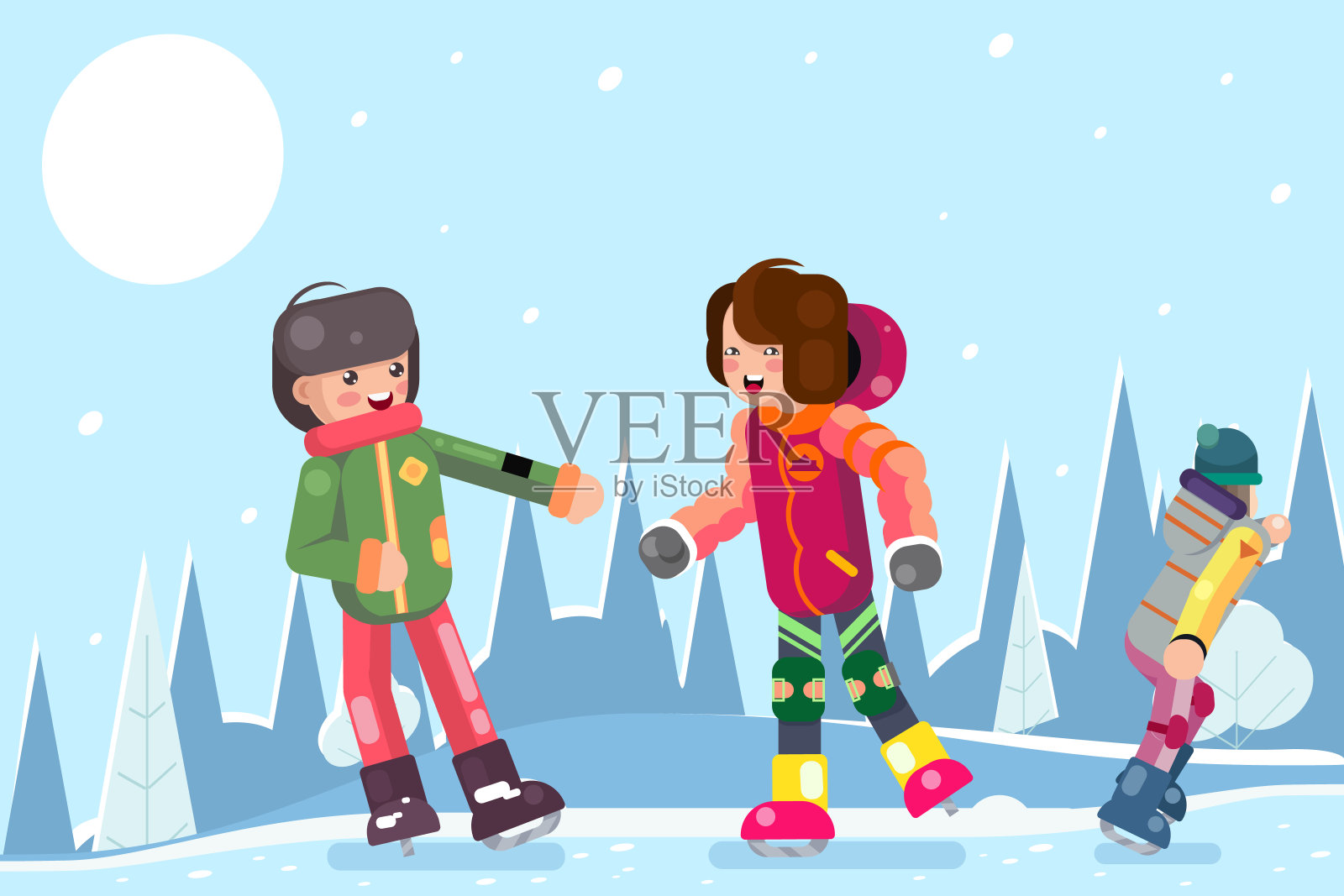 青少年男孩女孩角色溜冰冬季平面设计矢量插图插画图片素材