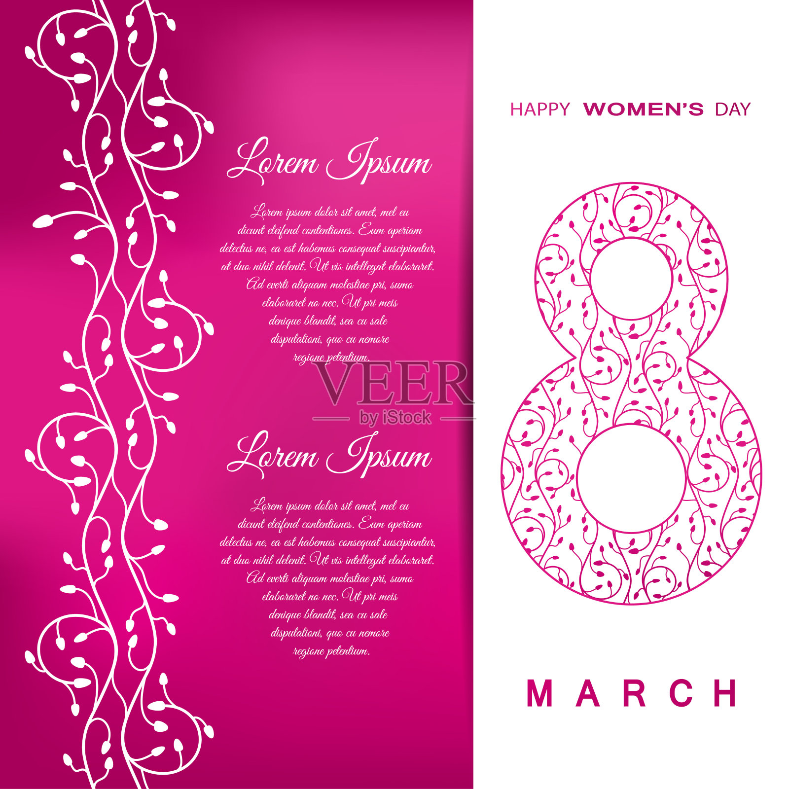 3月8日-国际妇女节矢量信封上的梯度粉红色背景与白色花卉图案，口袋，文字和阴影。插画图片素材