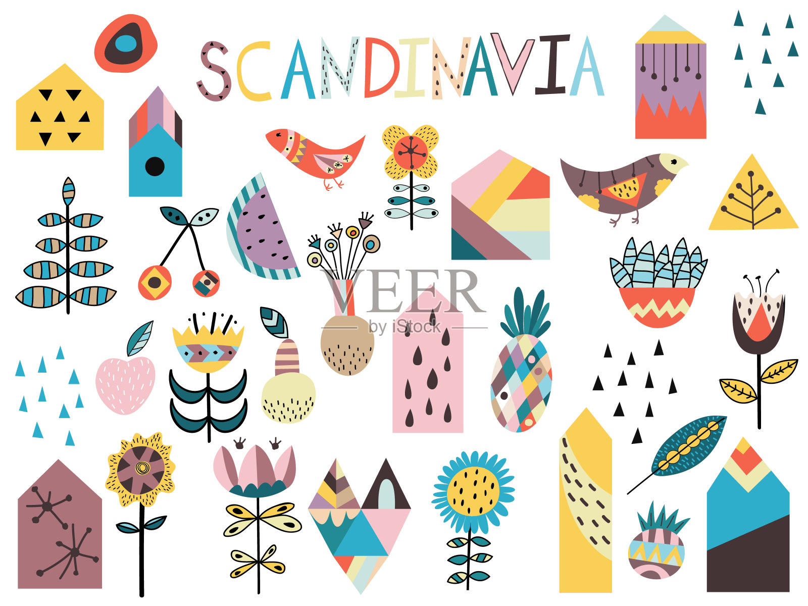 一套可爱的斯堪的纳维亚风格元素插画图片素材
