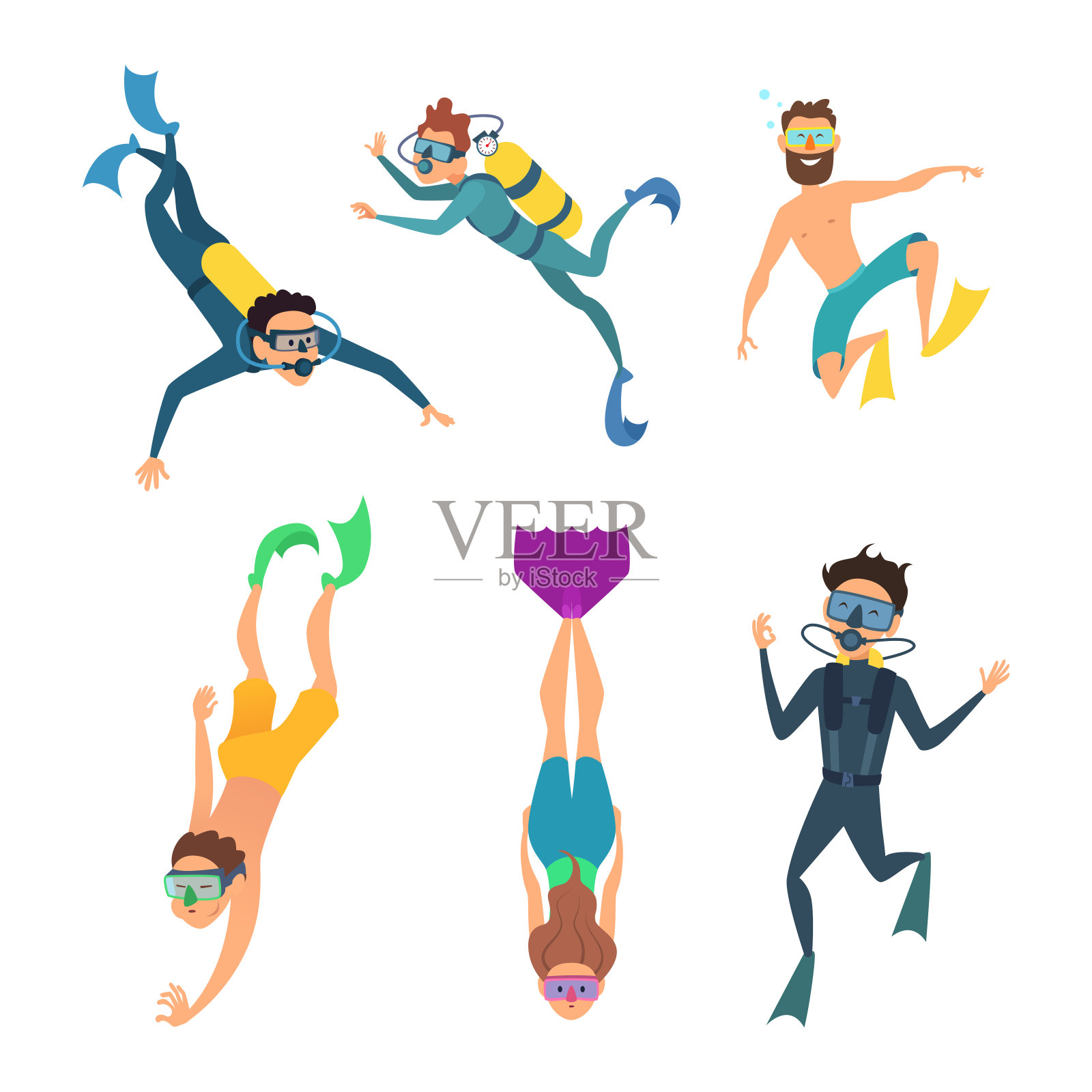 一组卡通人物。水下潜水员设计元素图片