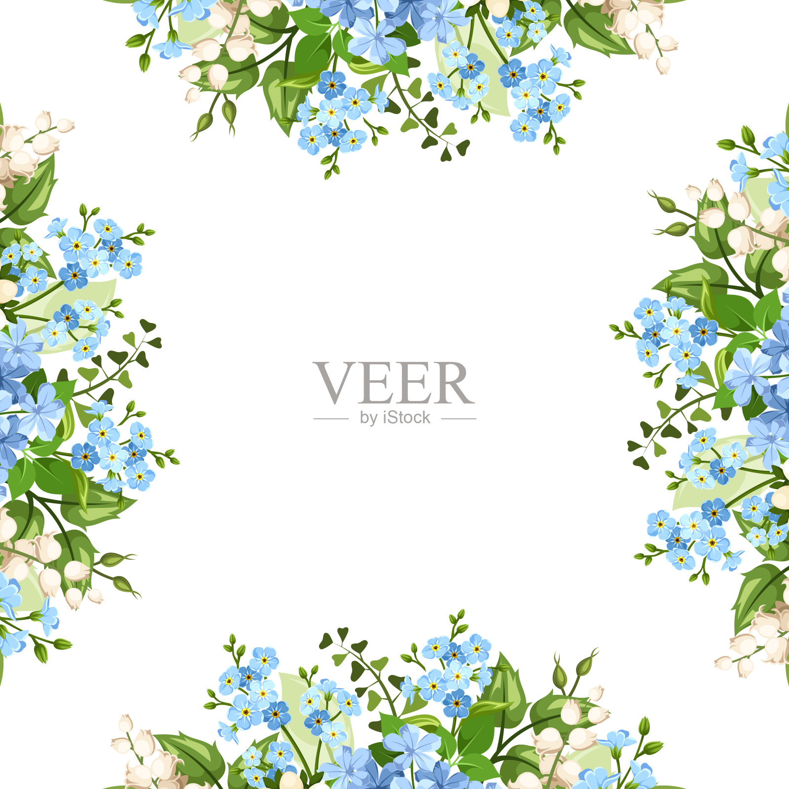 背景框与蓝色和白色的花。矢量插图。设计元素图片
