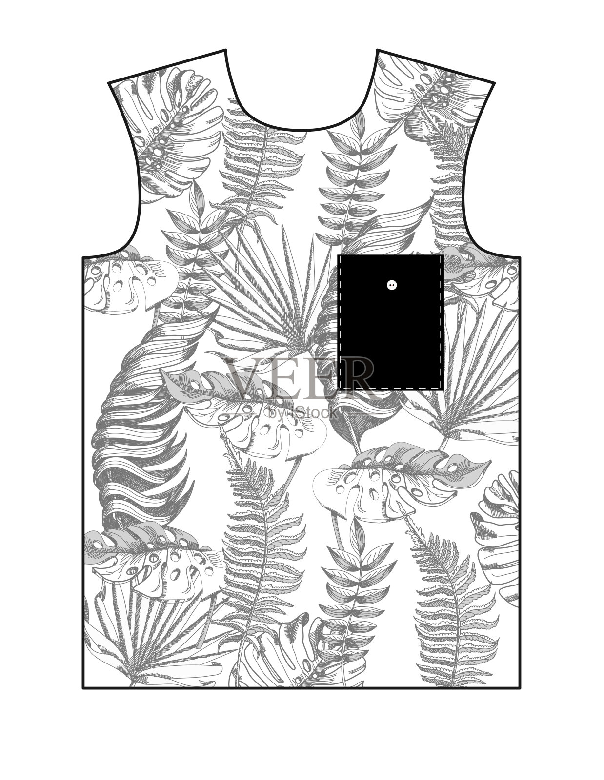 设计t恤热带树叶-现实和图形。插画图片素材