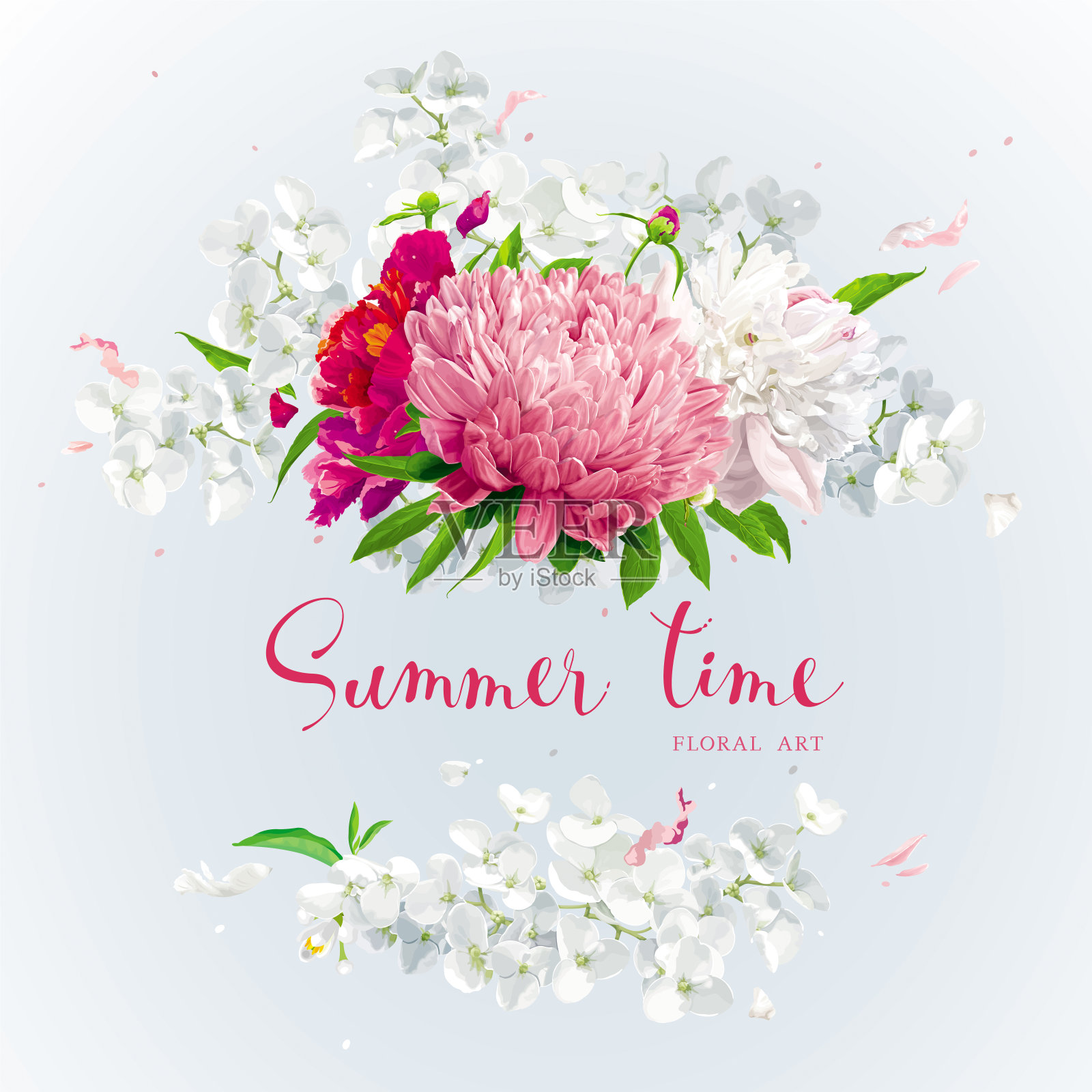 粉红色、红色和白色的夏日鲜花贺卡插画图片素材