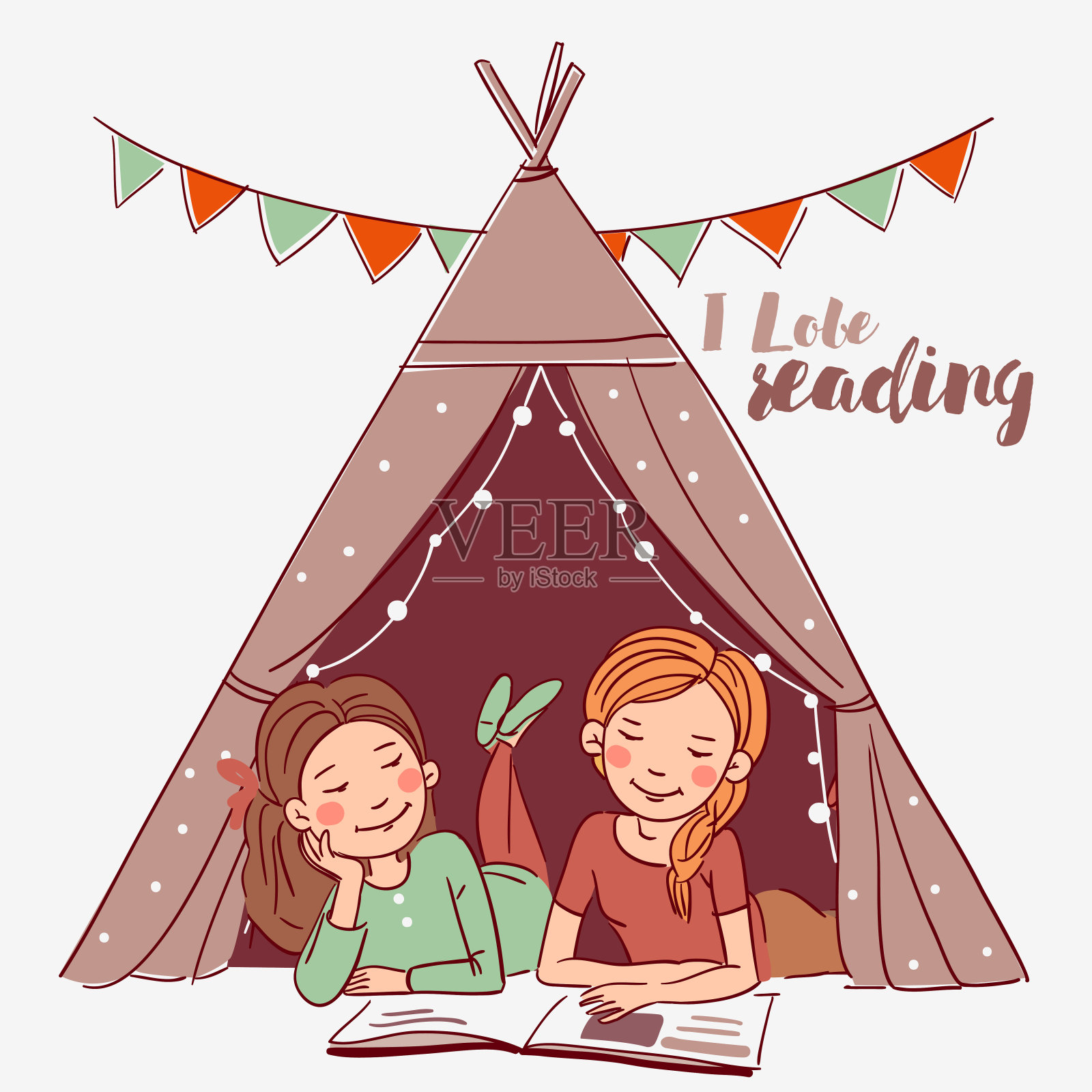 可爱的女孩在帐篷里看书插画图片素材