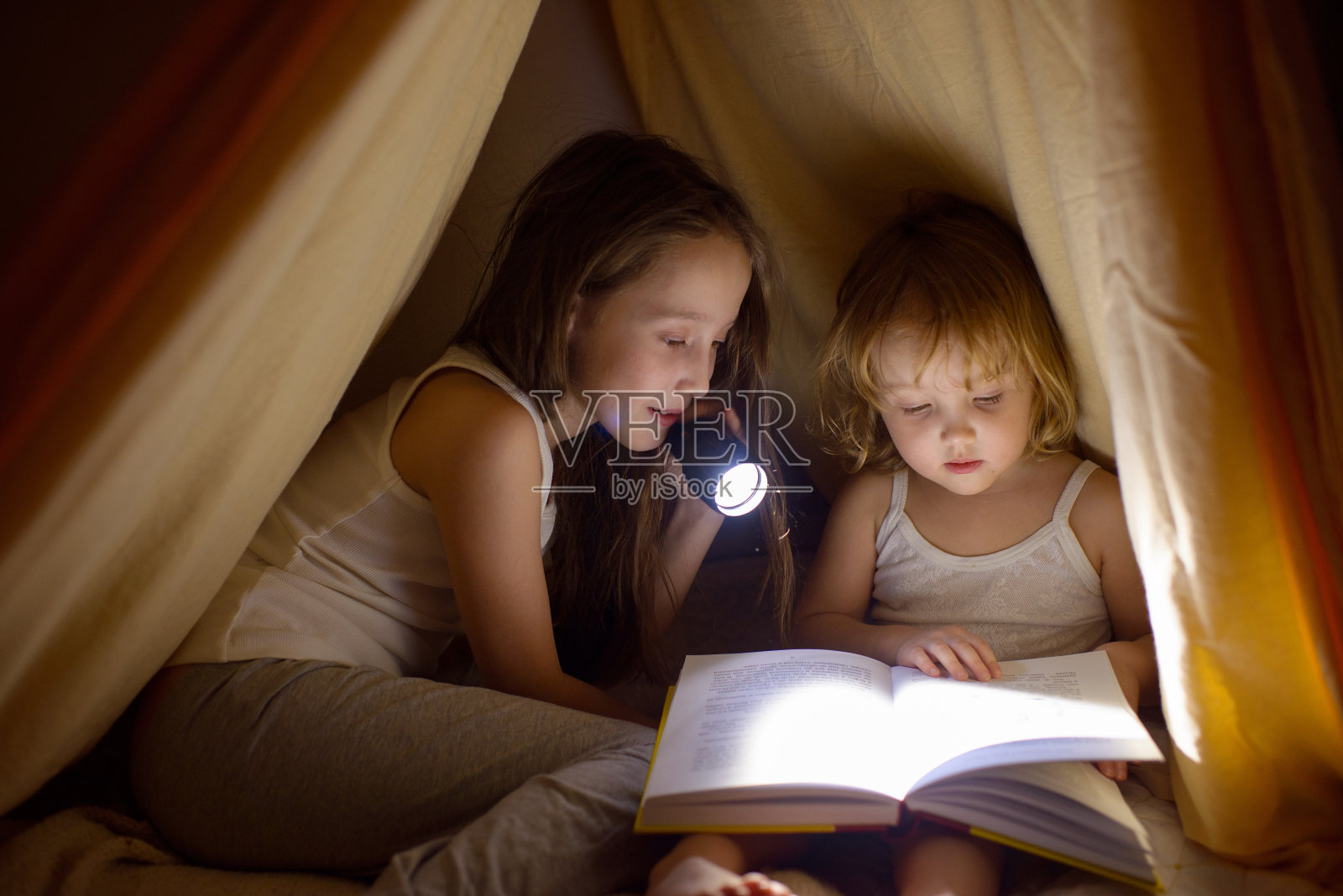 两个女孩在漆黑的夜晚，在一盏小灯下，盖着毯子读童话故事照片摄影图片