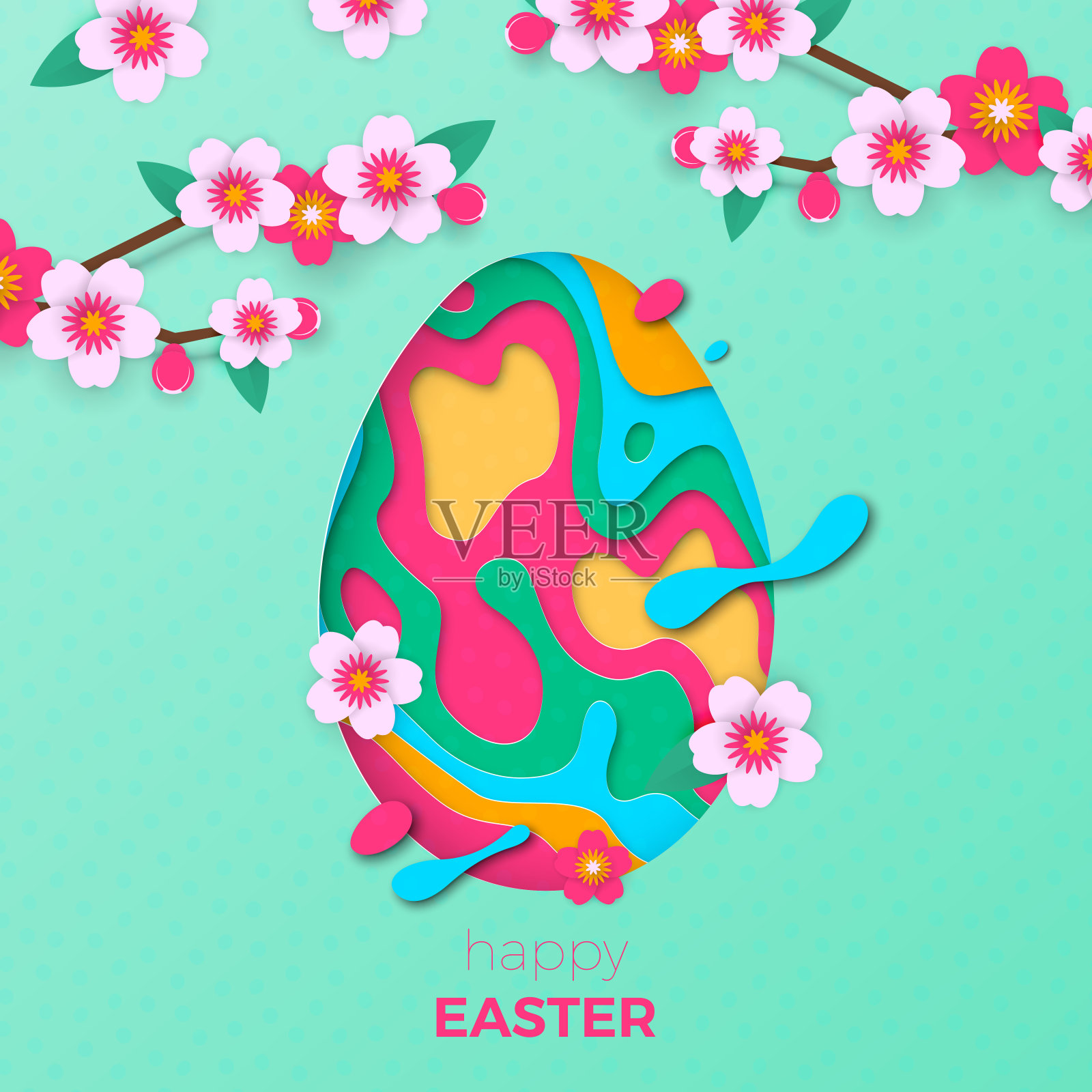 复活节贺卡的彩蛋剪纸和春天的鲜花背景复活节狩猎节日剪纸设计设计模板素材