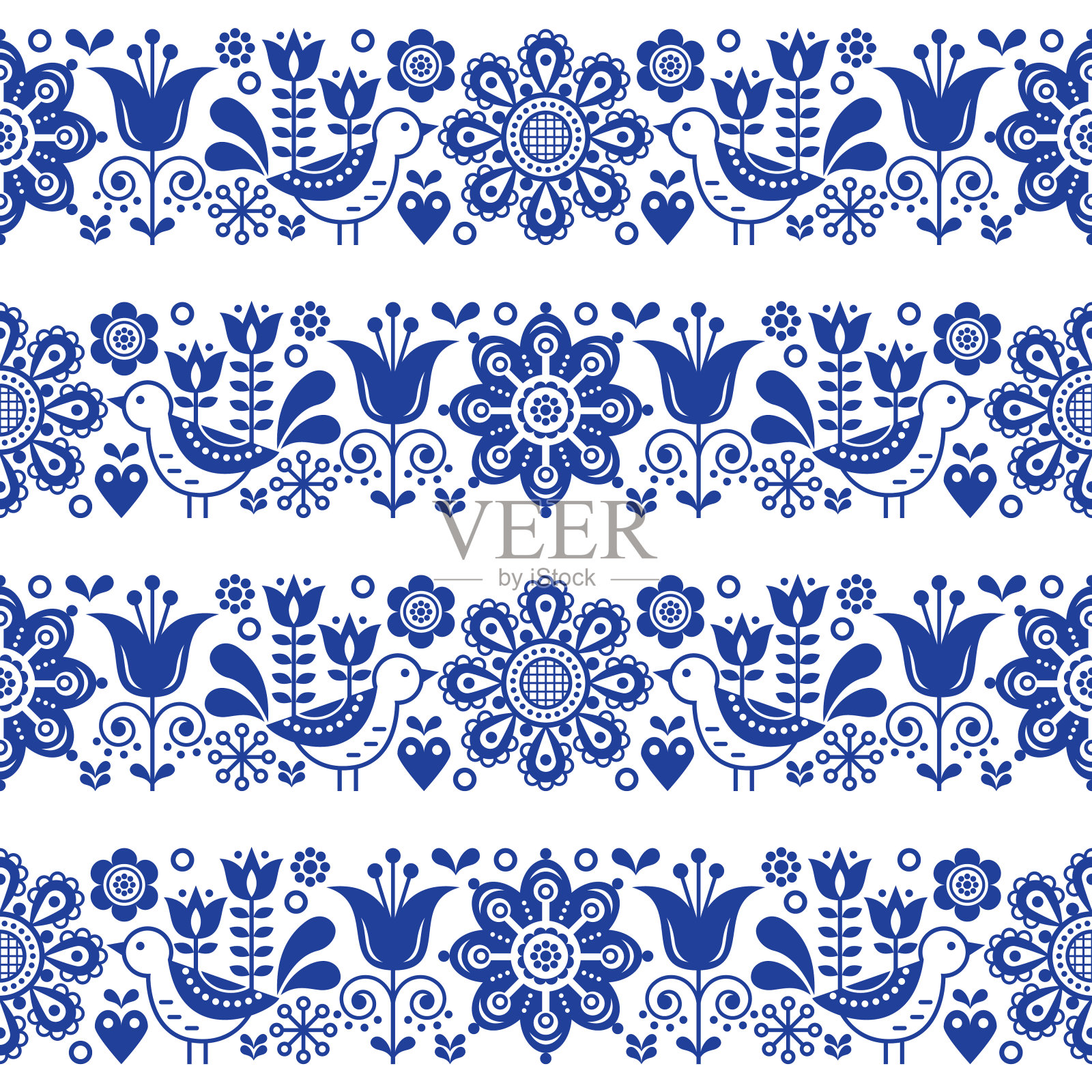 民间艺术无缝矢量花卉图案，斯堪的纳维亚海军蓝重复设计，北欧装饰插画图片素材