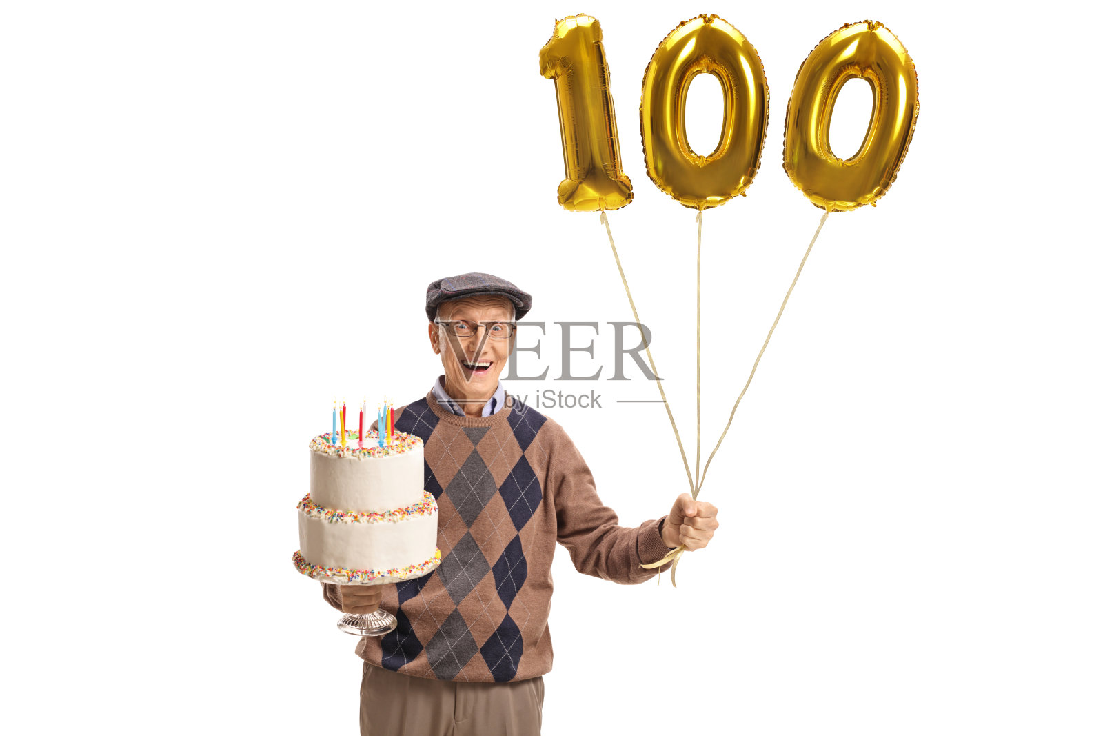 快乐的老人，一个生日蛋糕和一个数字百的气球照片摄影图片