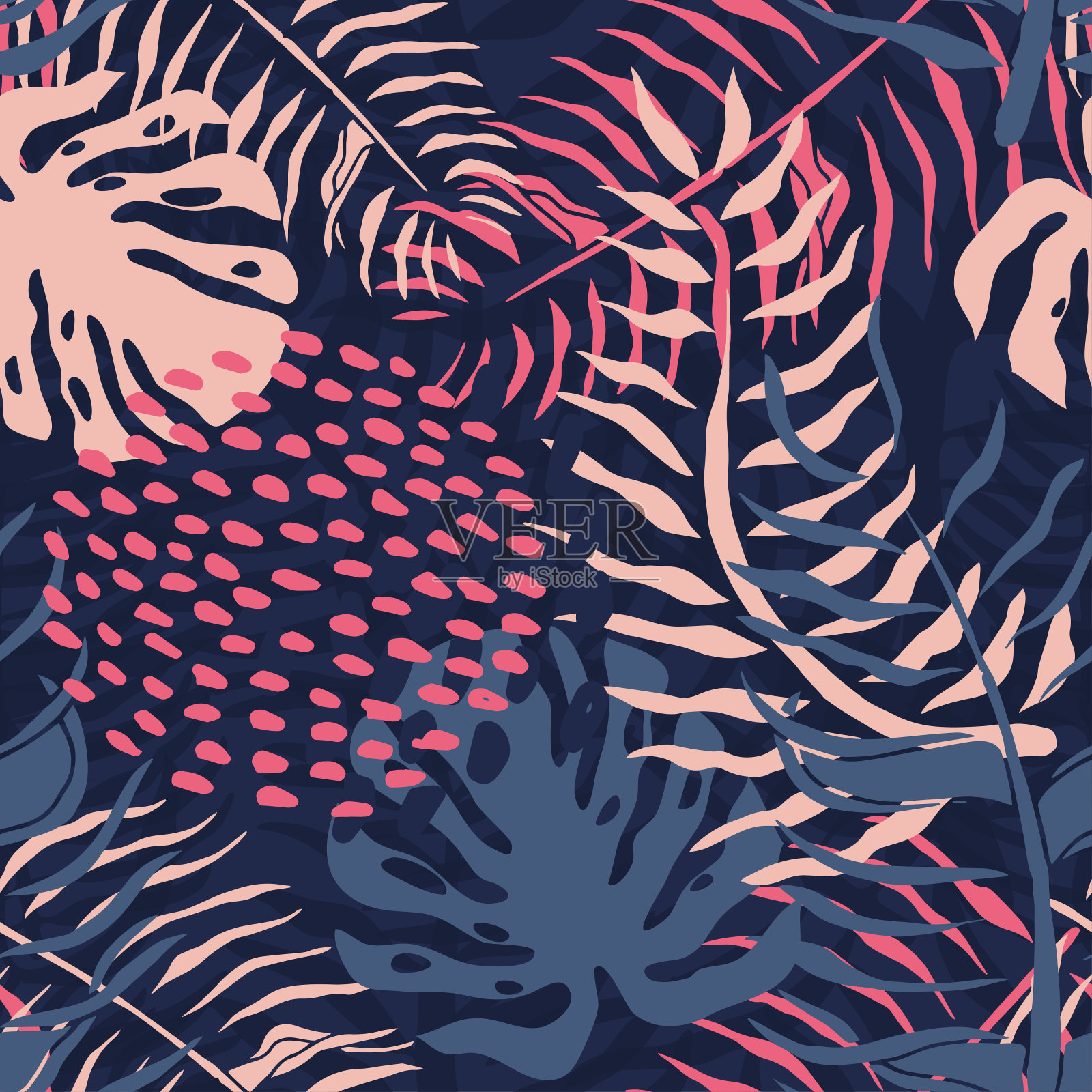热带无缝模式与棕榈叶。夏季花卉图案与粉红色的棕榈叶和怪物叶在黑暗的背景。用于纺织行业的无缝图案插画图片素材