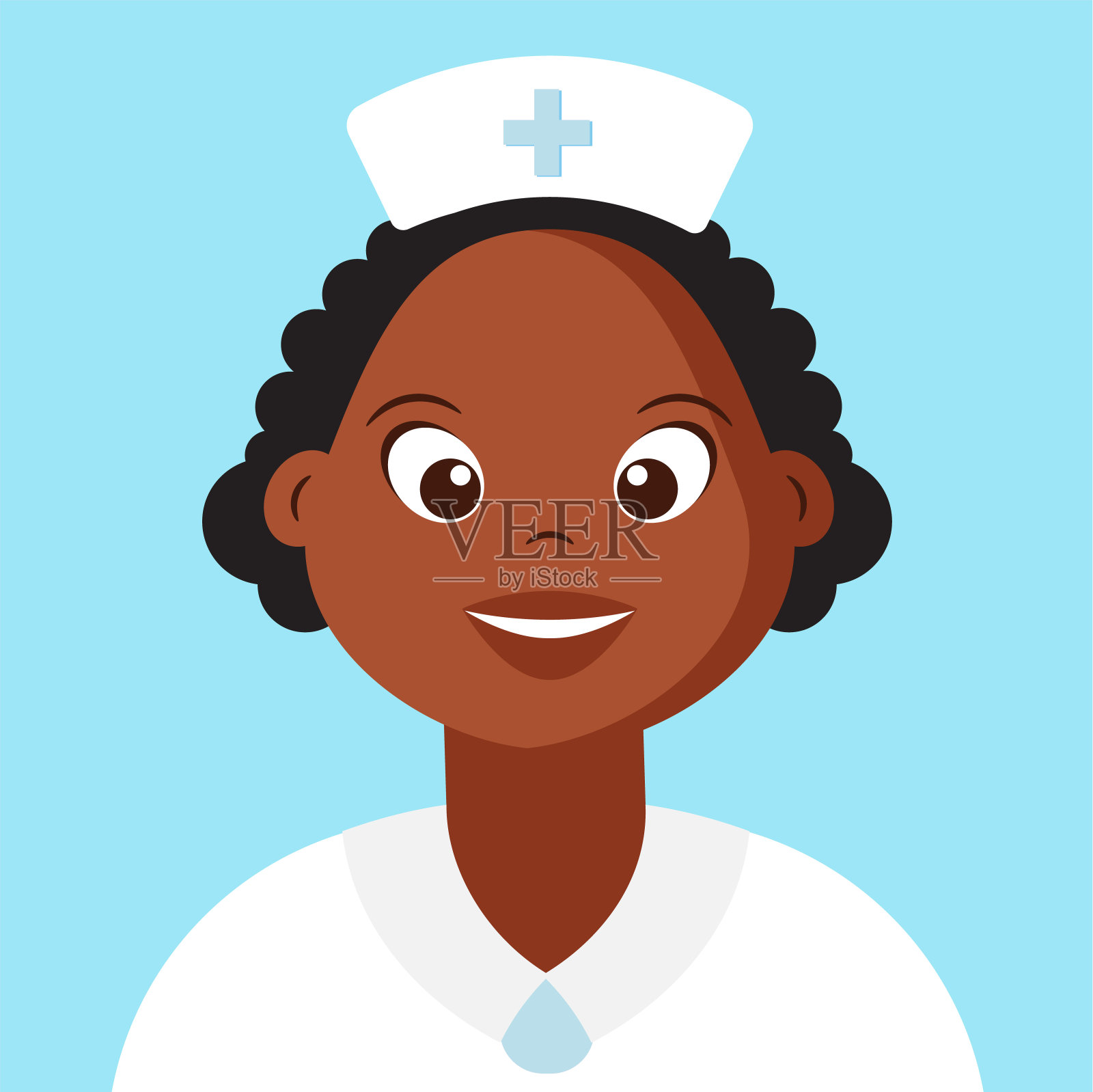 可爱的护士微笑卡通人物，非裔美国女孩风格，平面图标和阿凡达概念，矢量，插图。设计元素图片