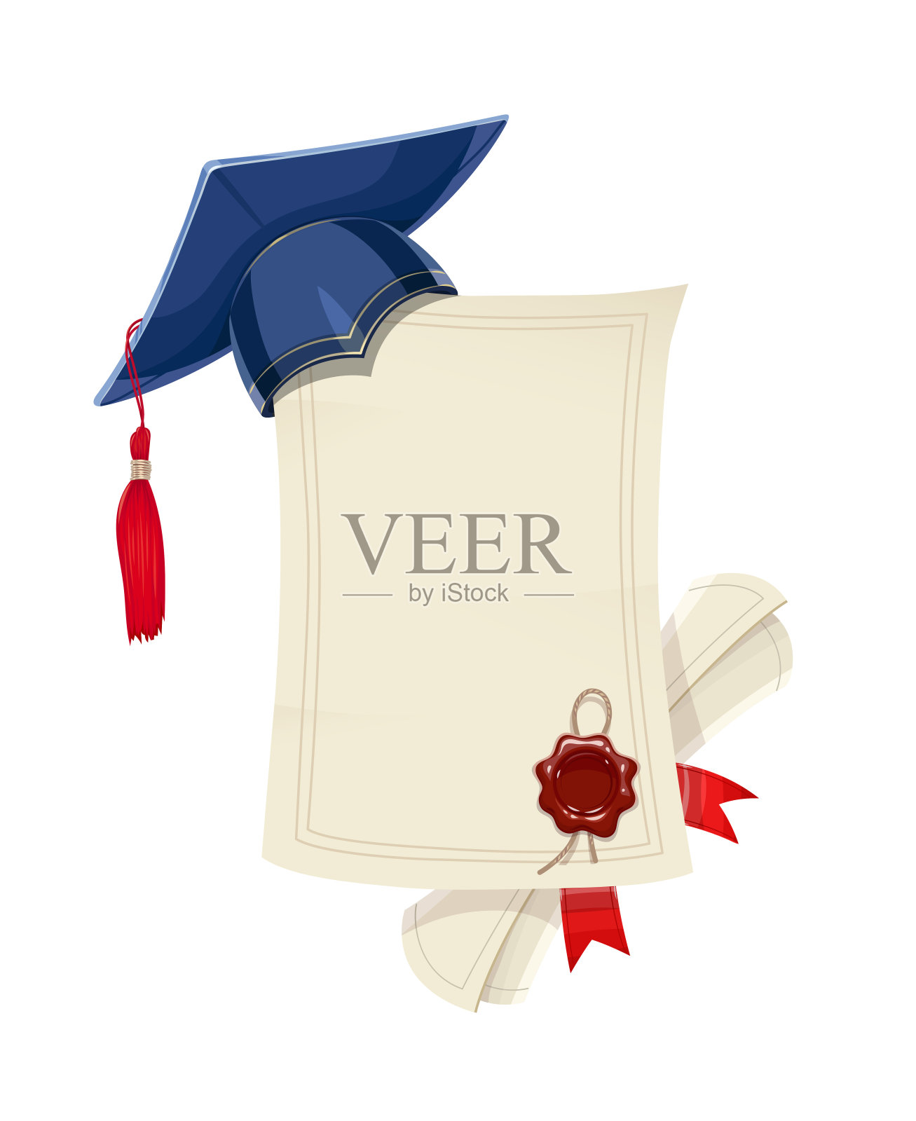 蓝色学术毕业帽与文凭空白和卷轴插画图片素材