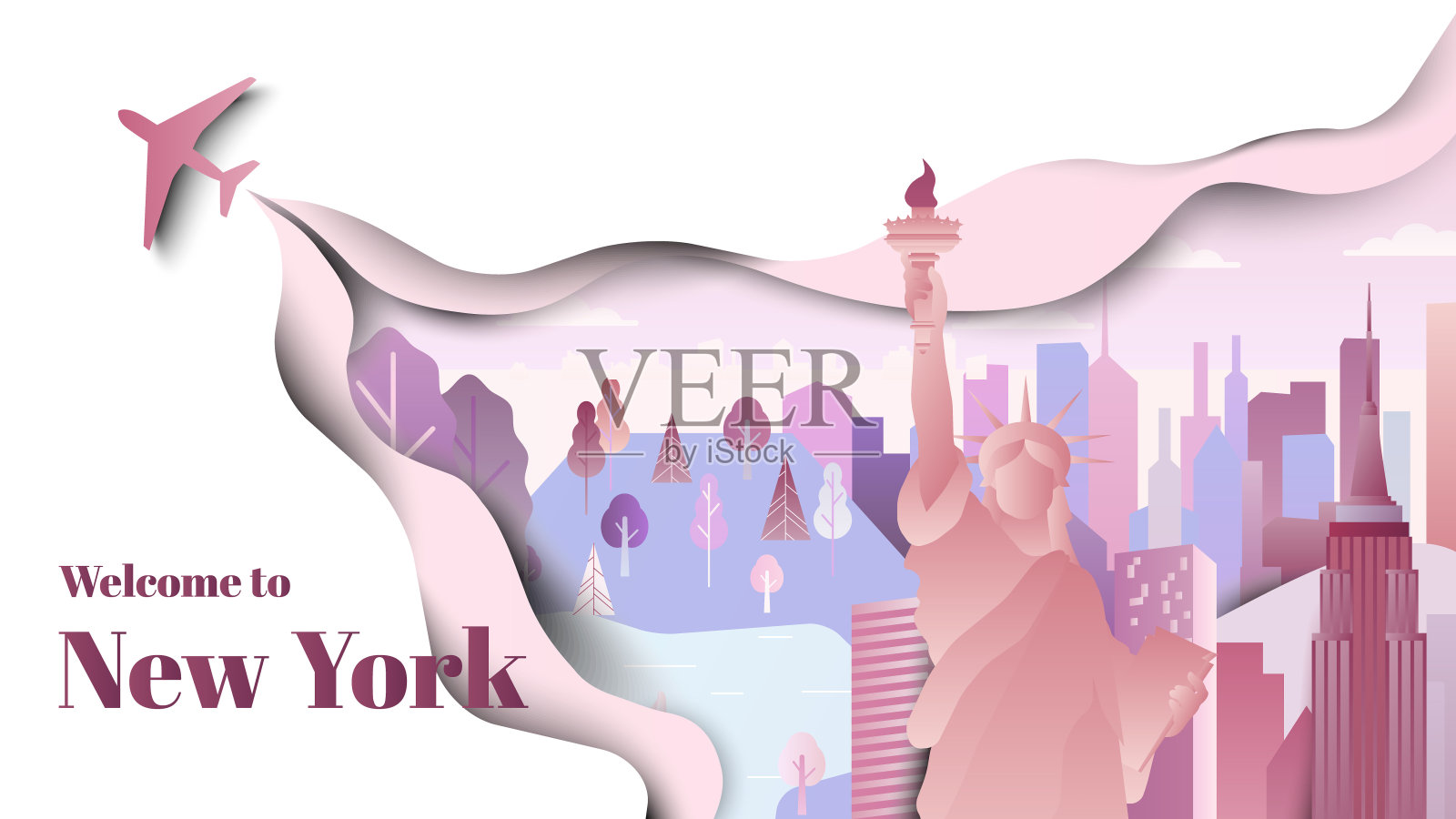 在美国纽约著名的地方，有粉色和紫色调的剪纸风格设计模板素材