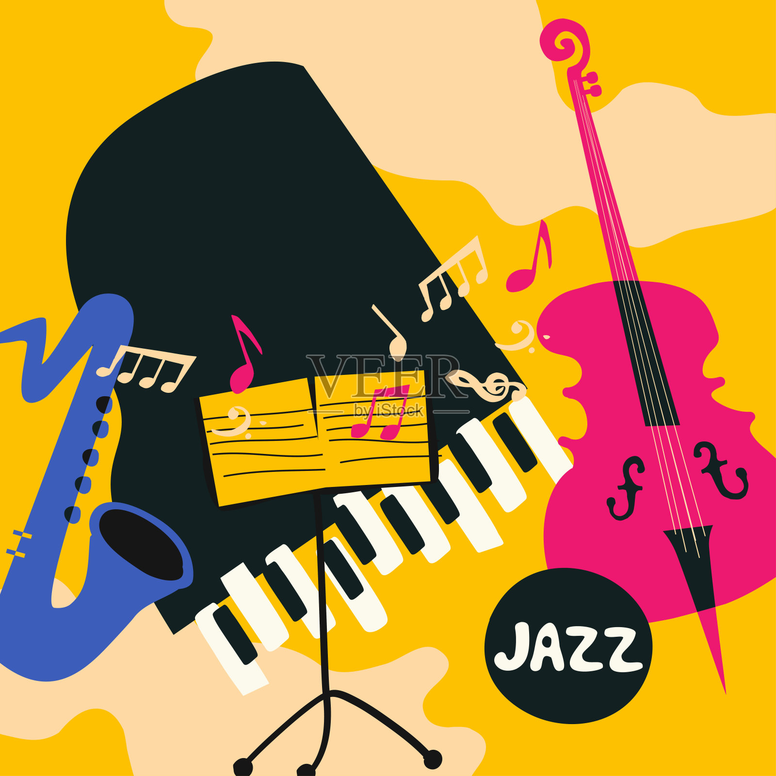 爵士音乐节彩色海报与乐器插画图片素材