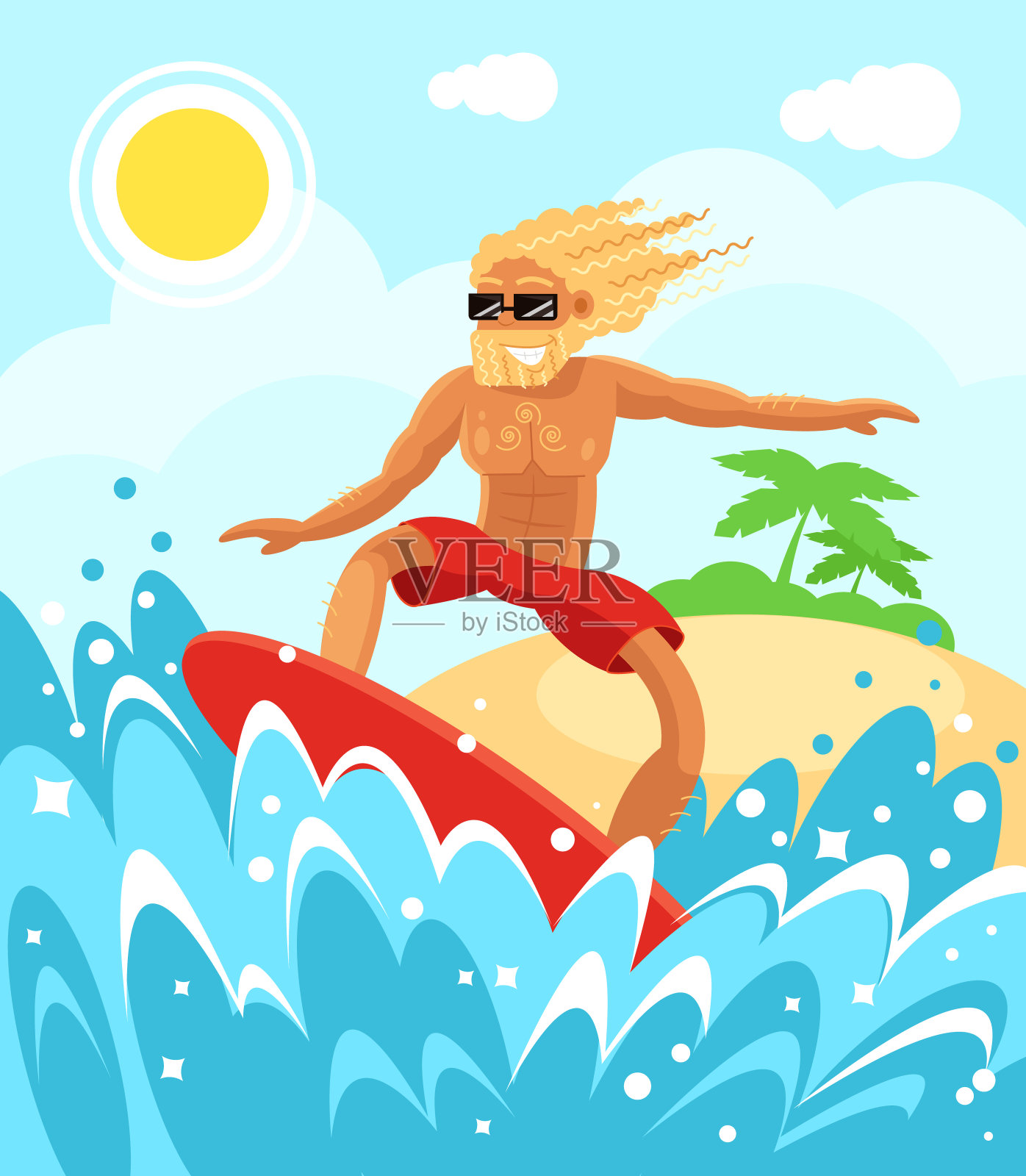 快乐微笑的年轻男子气概的男孩的性格是骑冲浪。假期放松的夏日时光和阳光明媚的日子海浪冲浪板概念插画图片素材
