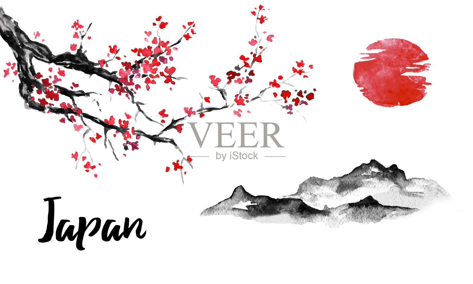 日本传统sumi-e画。樱花,樱花。山日落。墨汁插图。日本的照片。插画图片素材