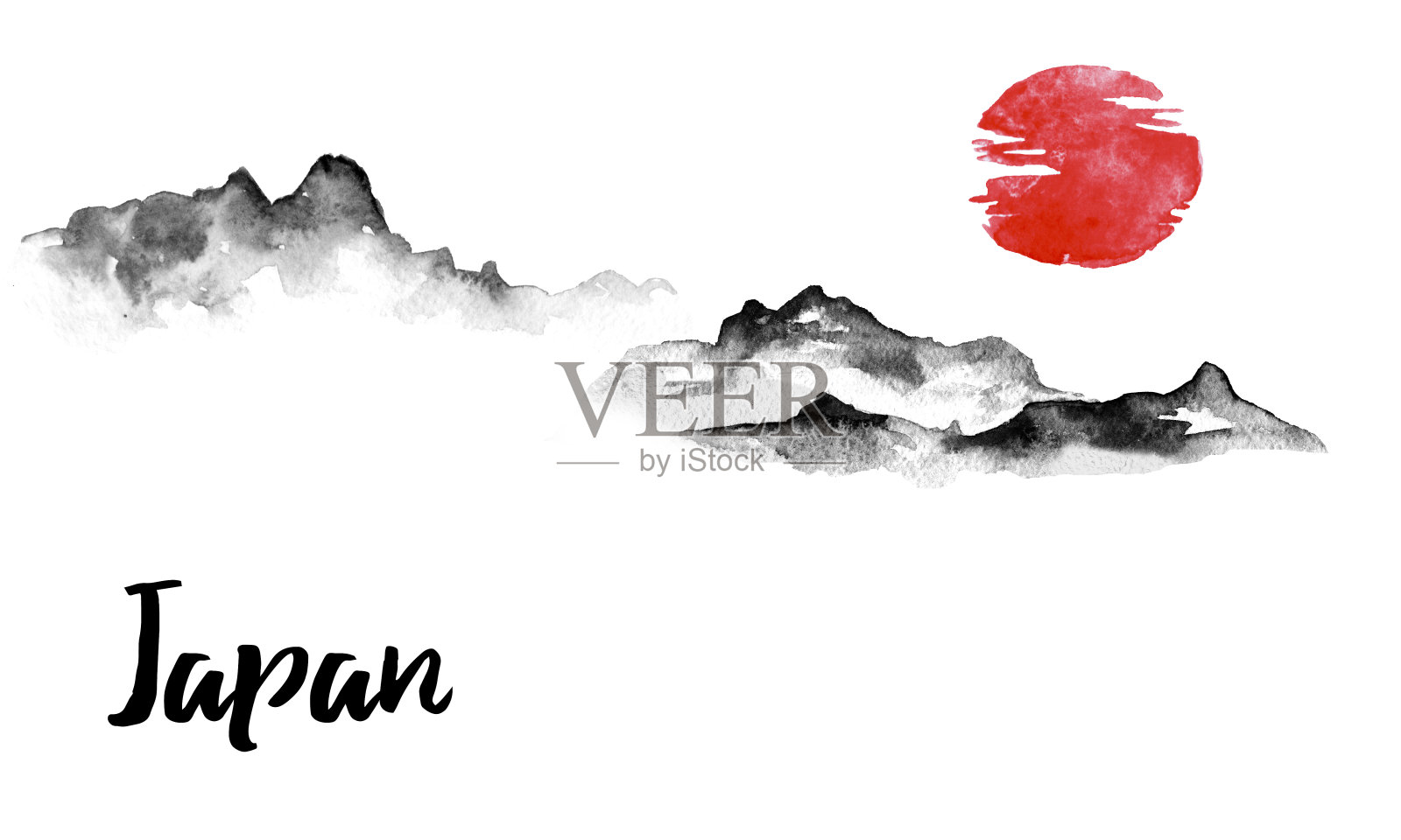 日本传统sumi-e画。墨汁插图。丘陵和山脉。日本的照片。插画图片素材