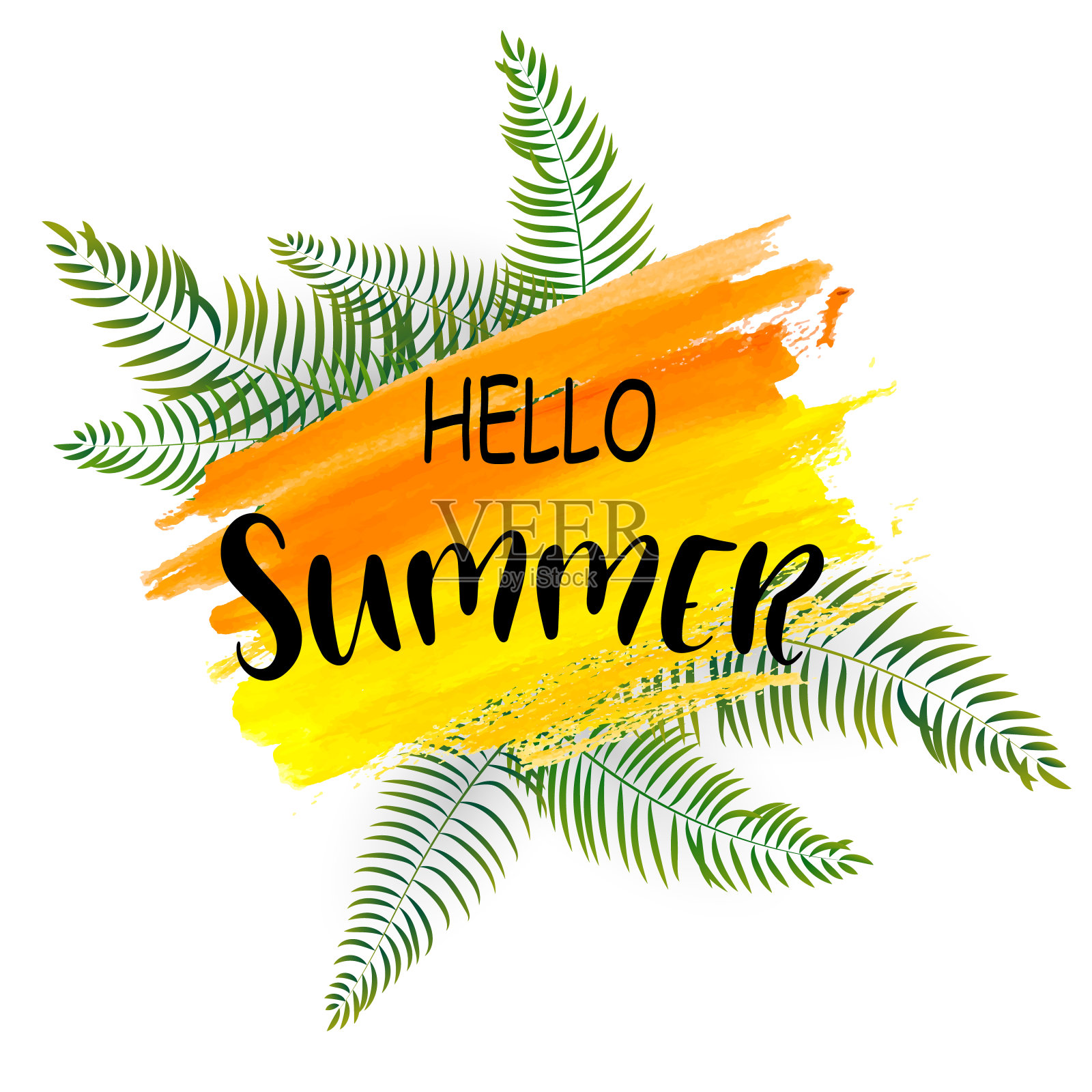 水彩橙色夏季背景与异国情调的棕榈叶插画图片素材