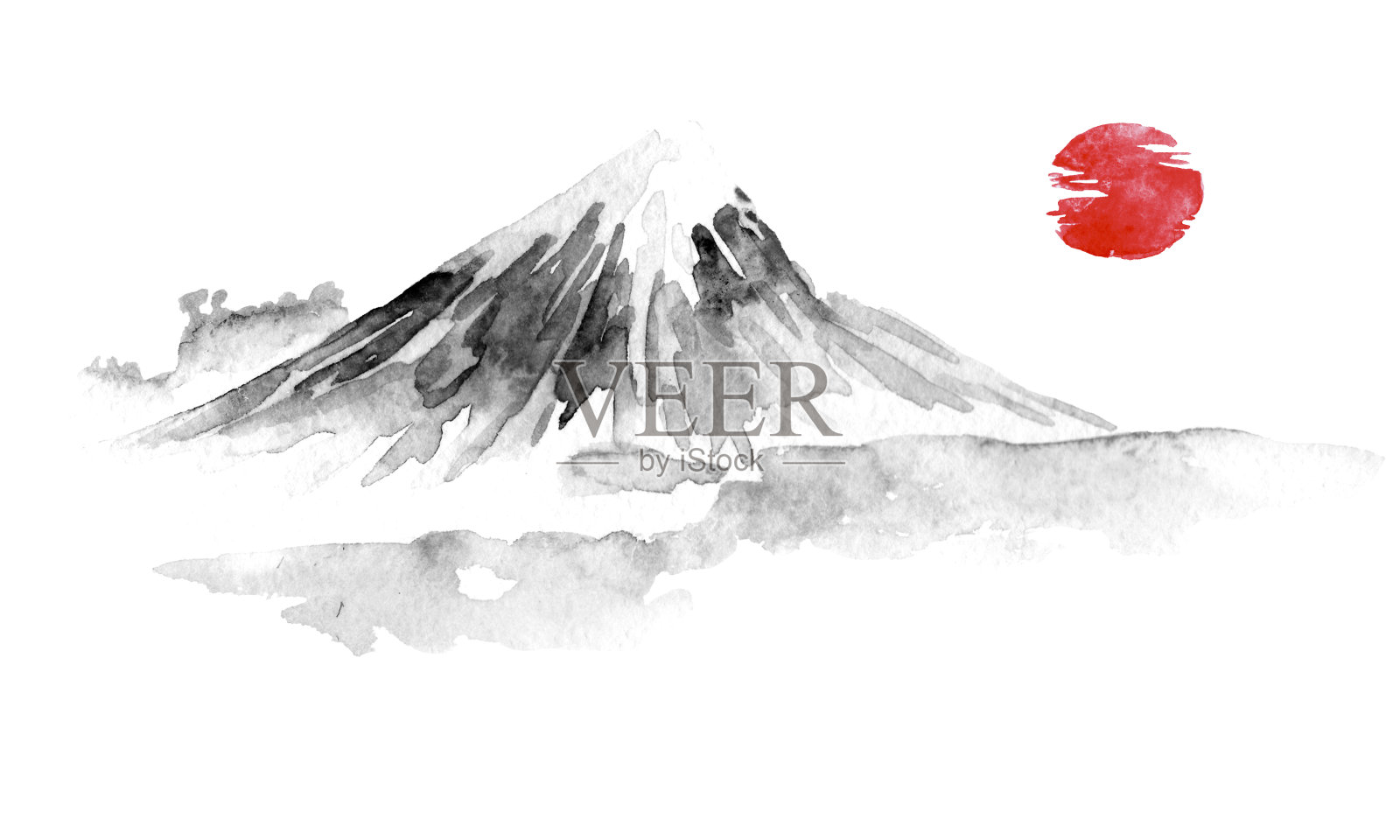 日本传统sumi-e画。局级山。墨汁插图。日本的照片。插画图片素材