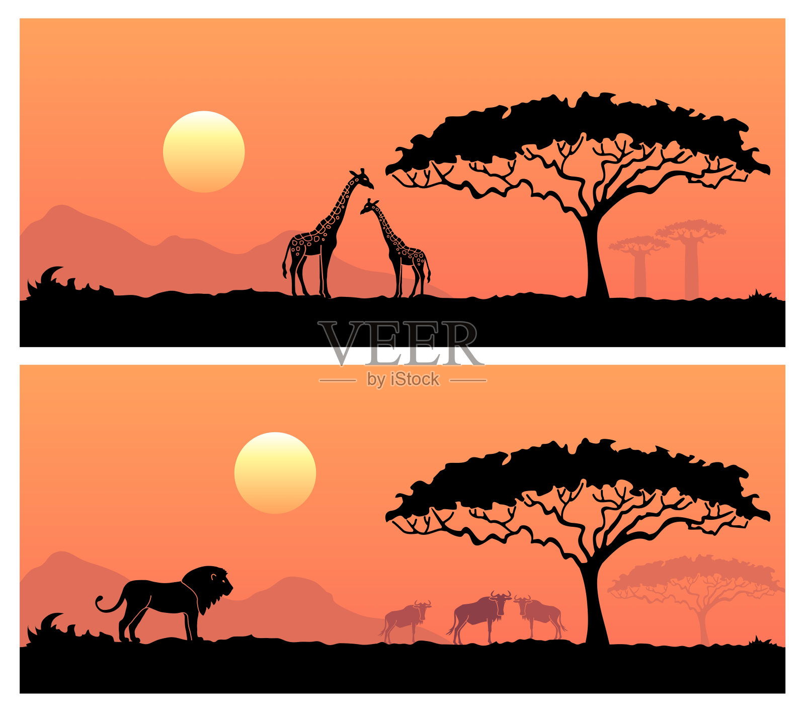 有野生动物的非洲景观插画图片素材